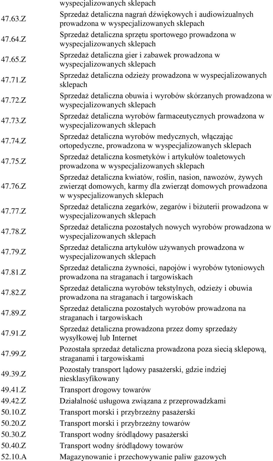 A Sprzedaż detaliczna nagrań dźwiękowych i audiowizualnych prowadzona w Sprzedaż detaliczna sprzętu sportowego prowadzona w Sprzedaż detaliczna gier i zabawek prowadzona w Sprzedaż detaliczna odzieży