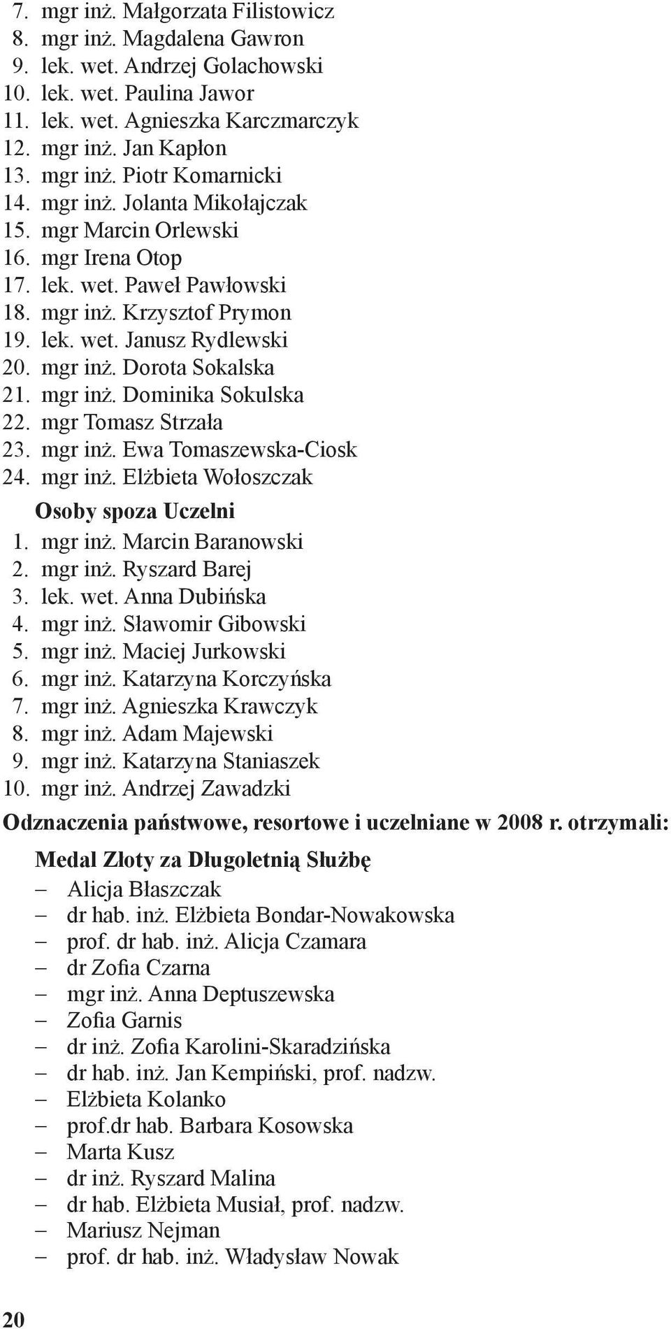 mgr inż. Dominika Sokulska 22. mgr Tomasz Strzała 23. mgr inż. Ewa Tomaszewska-Ciosk 24. mgr inż. Elżbieta Wołoszczak Osoby spoza Uczelni 1. mgr inż. Marcin Baranowski 2. mgr inż. Ryszard Barej 3.