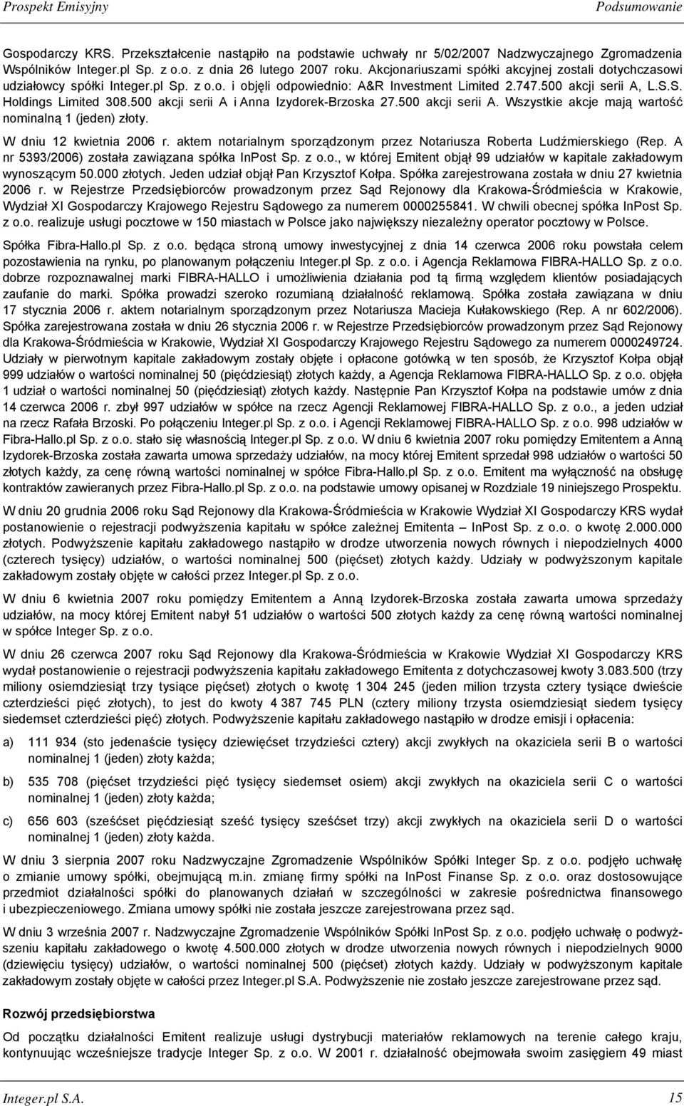 500 akcji serii A i Anna Izydorek-Brzoska 27.500 akcji serii A. Wszystkie akcje mają wartość nominalną 1 (jeden) złoty. W dniu 12 kwietnia 2006 r.