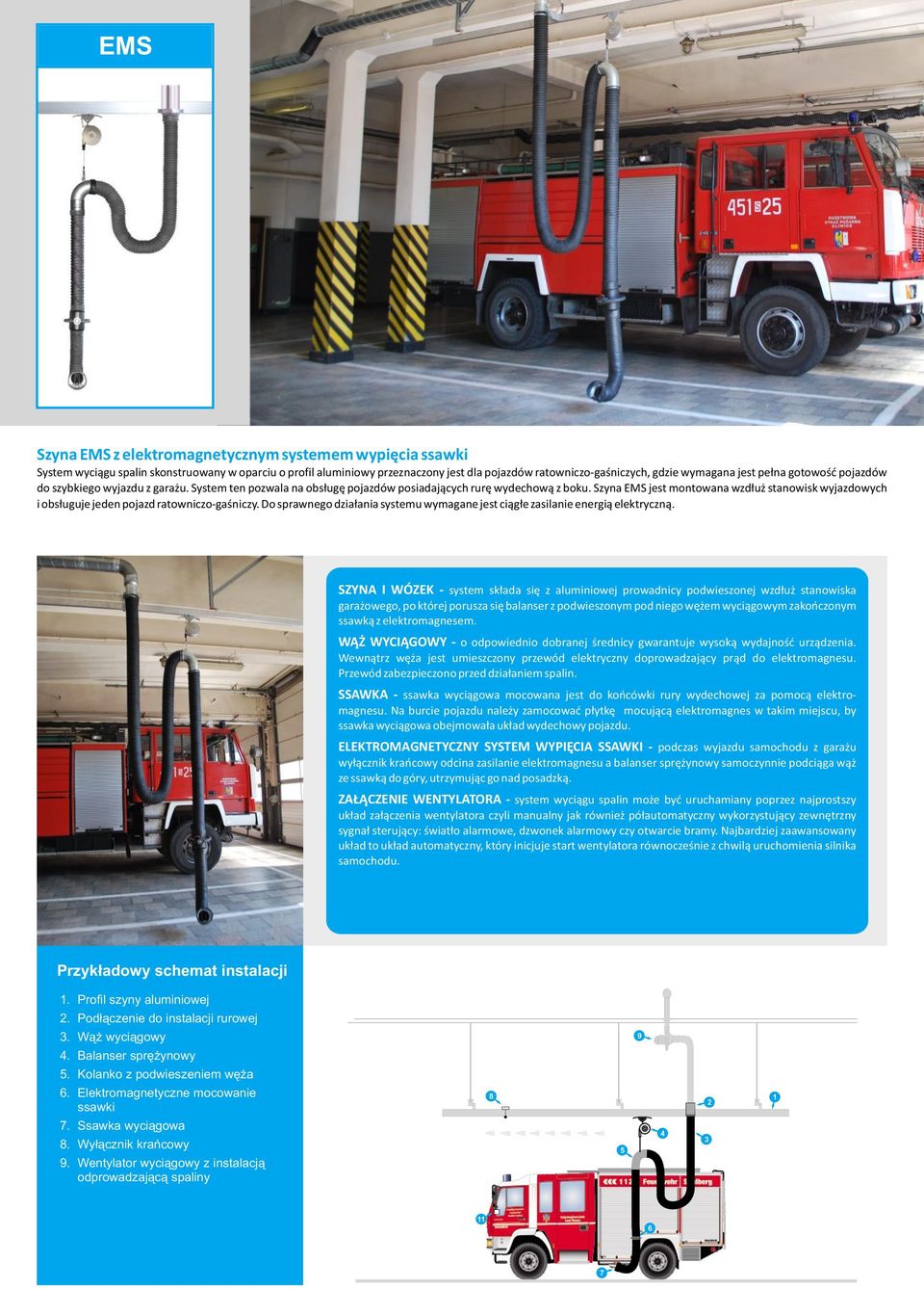 Szyna EMS jest montowana wzdłuż stanowisk wyjazdowych i obsługuje jeden pojazd ratowniczo-gaśniczy. Do sprawnego działania systemu wymagane jest ciągłe zasilanie energią elektryczną.