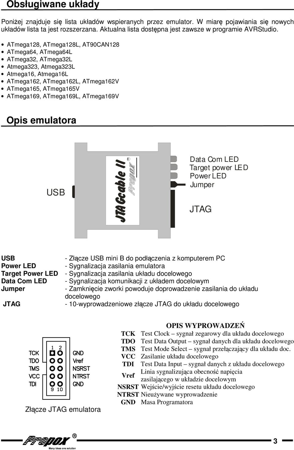 ATmega169V Opis emulatora USB Data Com LED Target power LED Power LED Jumper JTAG USB - Złcze USB mini B do podłczenia z komputerem PC Power LED - Sygnalizacja zasilania emulatora Target Power LED -