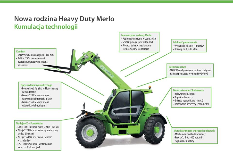 Merlo Dynamiczna kontrola obciążenia Kabina spełniająca wymogi FOPS/ROPS Opcje układu hydraulicznego Pompa Load Sensing + Flow-sharing w standardzie Wersja 120 KM wyposażona w joystick