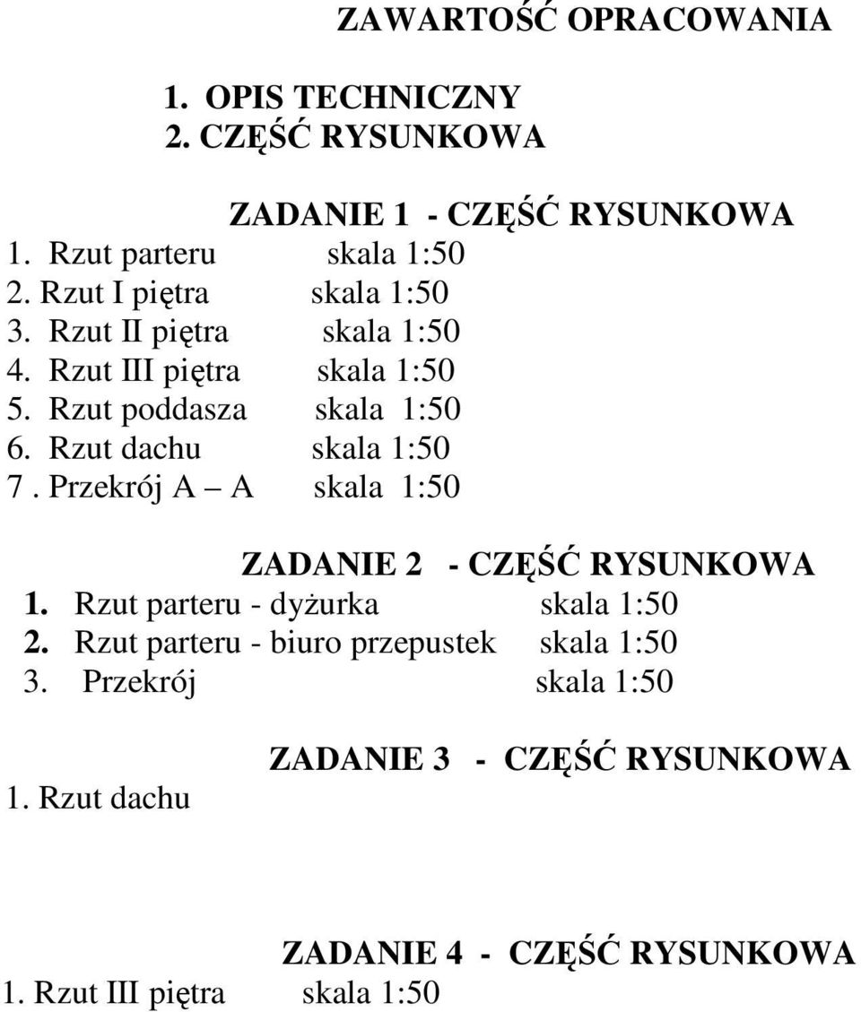 Rzut dachu skala 1:50 7. Przekrój A A skala 1:50 ZADANIE 2 - CZĘŚĆ RYSUNKOWA 1. Rzut parteru - dyżurka skala 1:50 2.