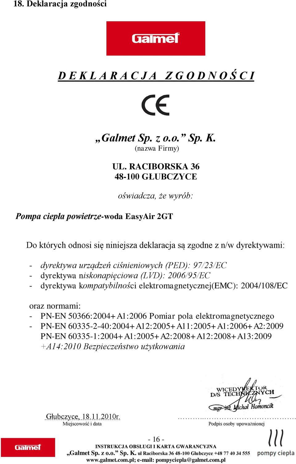 urządzeń ciśnieniowych (PED): 97/23/EC - dyrektywa niskonapięciowa (LVD): 2006/95/EC - dyrektywa kompatybilności elektromagnetycznej(emc): 2004/108/EC oraz normami: - PN-EN