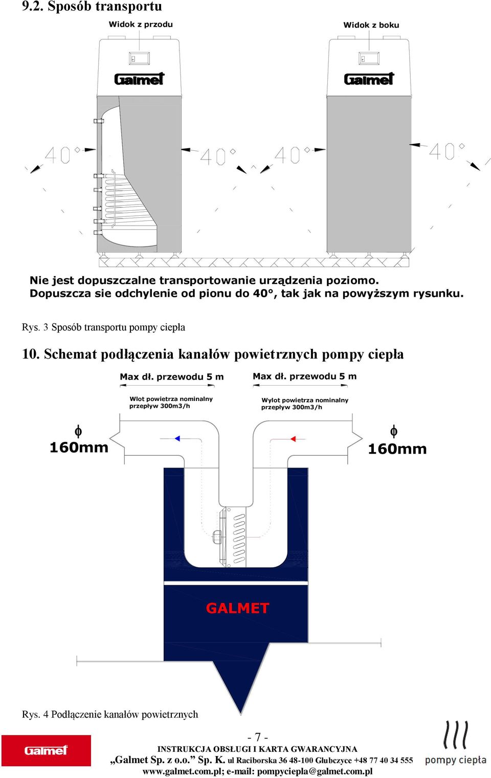 Dopuszcza sie odchylenie od pionu do 40, tak jak na powyższym rysunku. Rys. 3 Sposób transportu pompy ciepła 10.