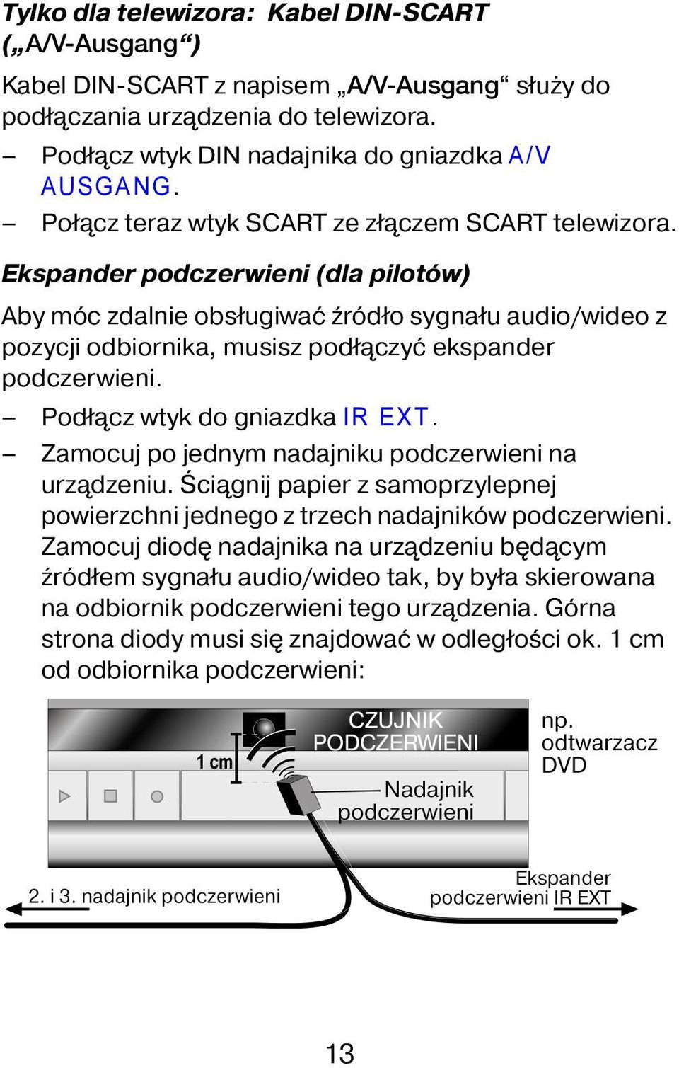 Ekspander podczerwieni (dla pilotów) Aby móc zdalnie obsługiwać źródło sygnału audio/wideo z pozycji odbiornika, musisz podłączyć ekspander podczerwieni. Podłącz wtyk do gniazdka IR EXT.