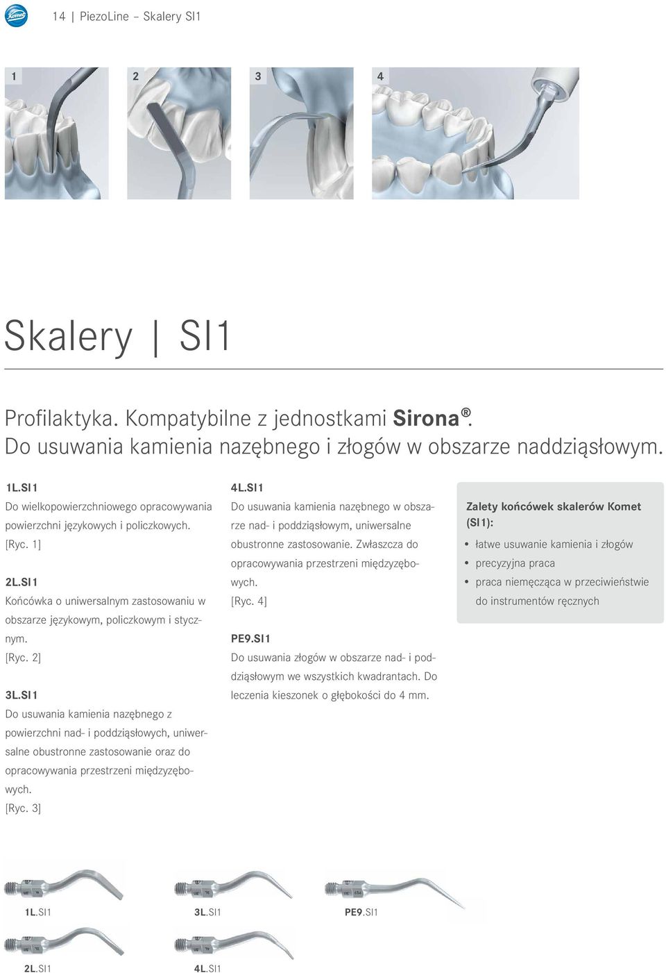 SI1 Do usuwania kamienia nazębnego z powierzchni nad- i poddziąsłowych, uniwersalne obustronne zastosowanie oraz do opracowywania przestrzeni międzyzębowych. [Ryc. 3] 4L.