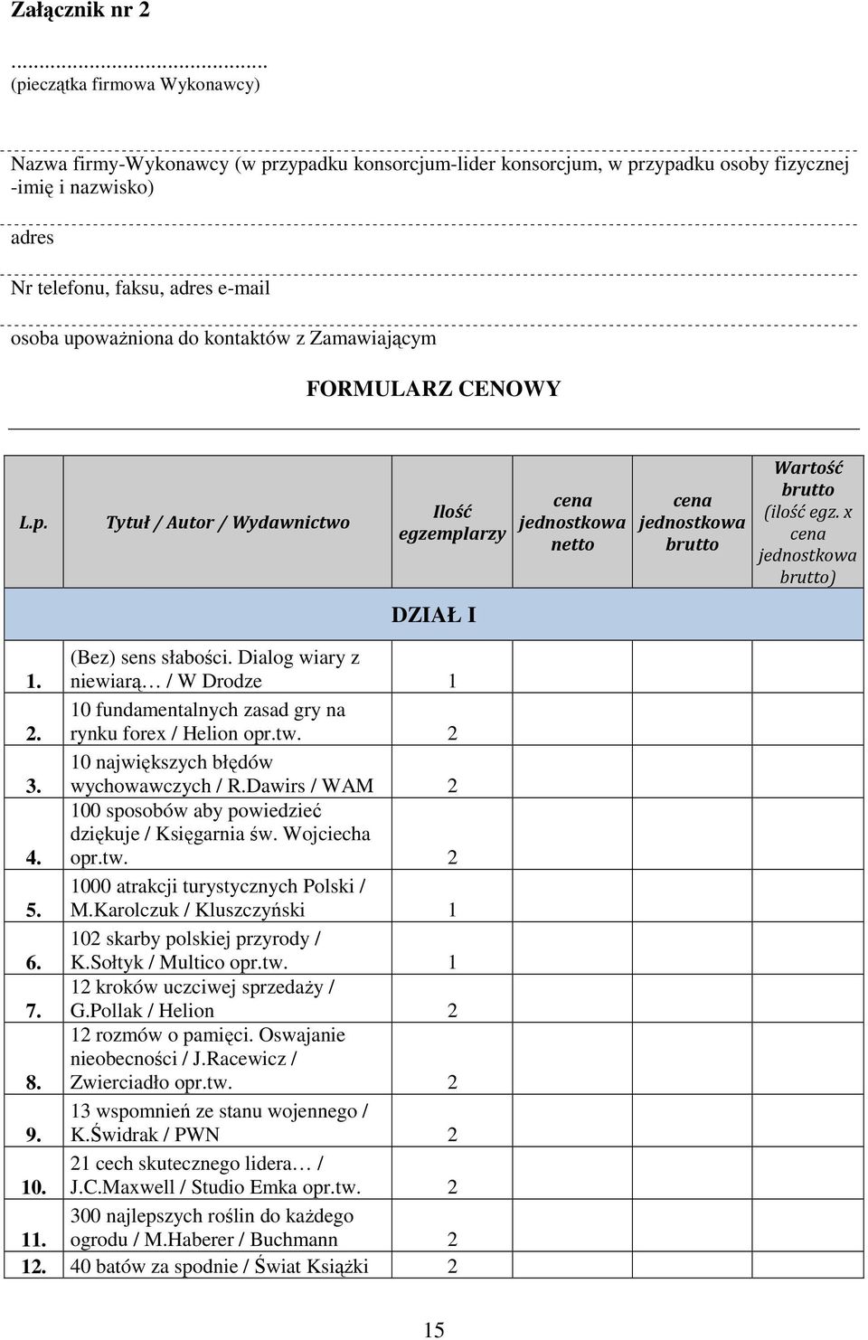 do kontaktów z Zamawiającym FORMULARZ CENOWY L.p. Tytuł / Autor / Wydawnictwo Ilość egzemplarzy DZIAŁ I cena jednostkowa netto cena jednostkowa brutto Wartość brutto (ilość egz.