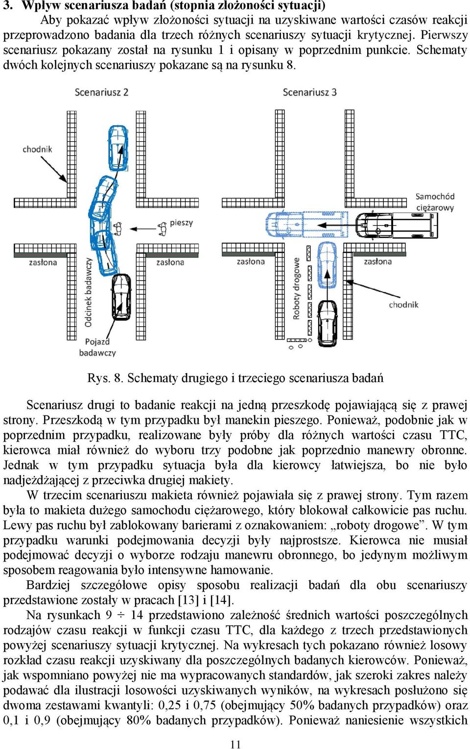 Rys. 8. Schematy drugiego i trzeciego scenariusza badań Scenariusz drugi to badanie reakcji na jedną przeszkodę pojawiającą się z prawej strony. Przeszkodą w tym przypadku był manekin pieszego.