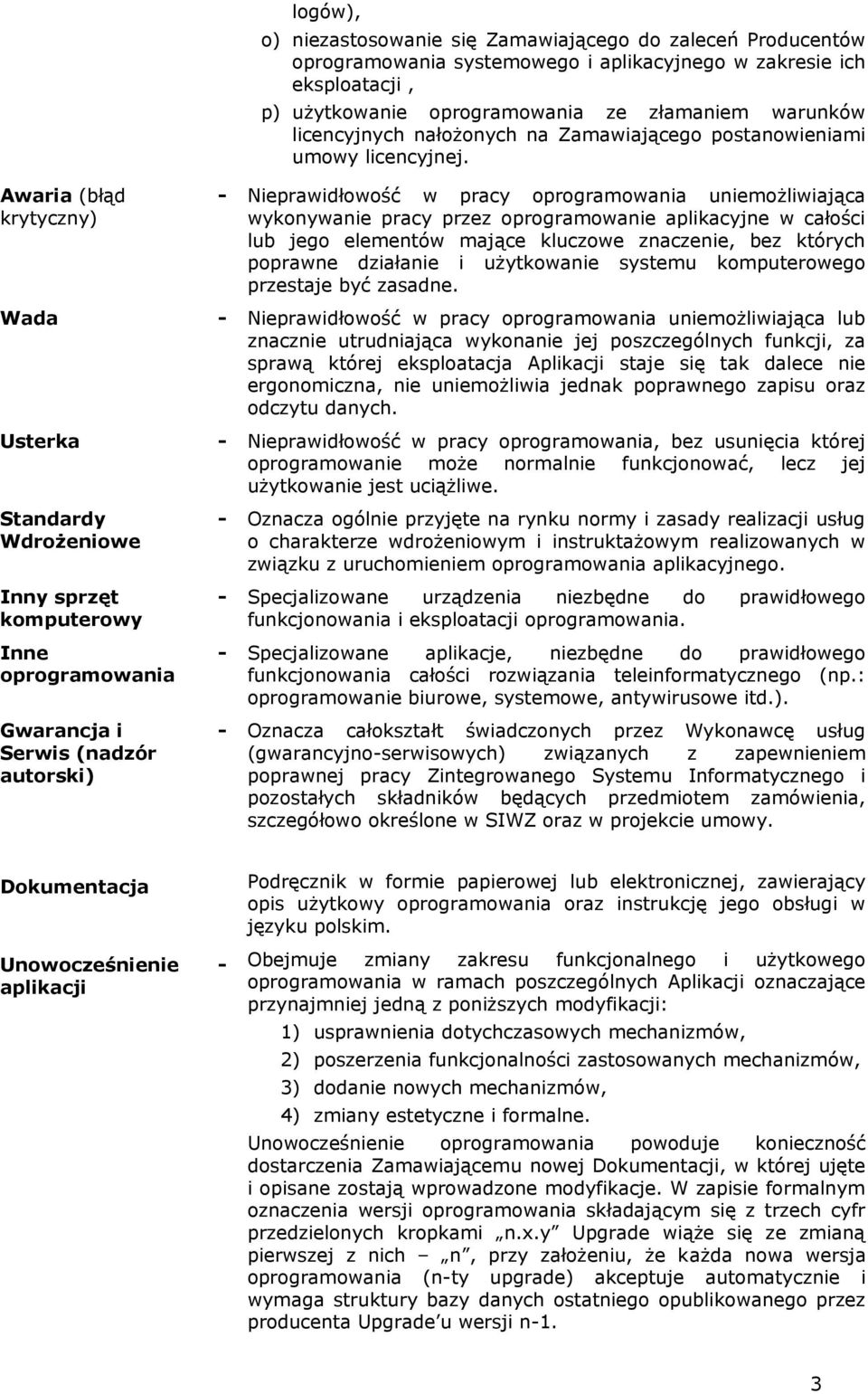 - Nieprawidłowość w pracy oprogramowania uniemożliwiająca wykonywanie pracy przez oprogramowanie aplikacyjne w całości lub jego elementów mające kluczowe znaczenie, bez których poprawne działanie i