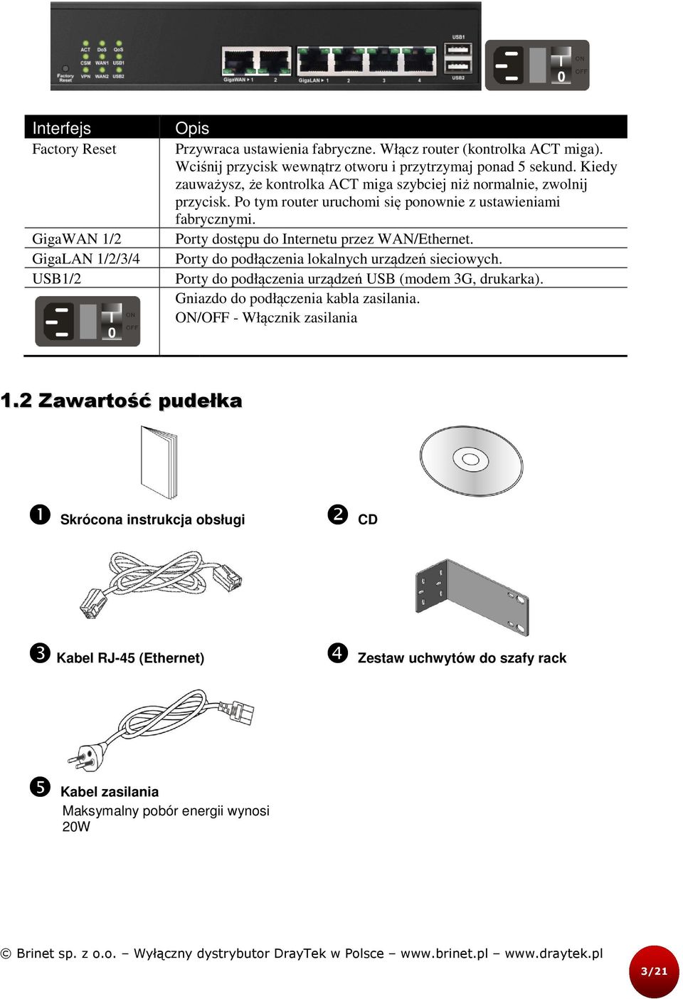 Po tym router uruchomi się ponownie z ustawieniami fabrycznymi. Porty dostępu do Internetu przez WAN/Ethernet. Porty do podłączenia lokalnych urządzeń sieciowych.