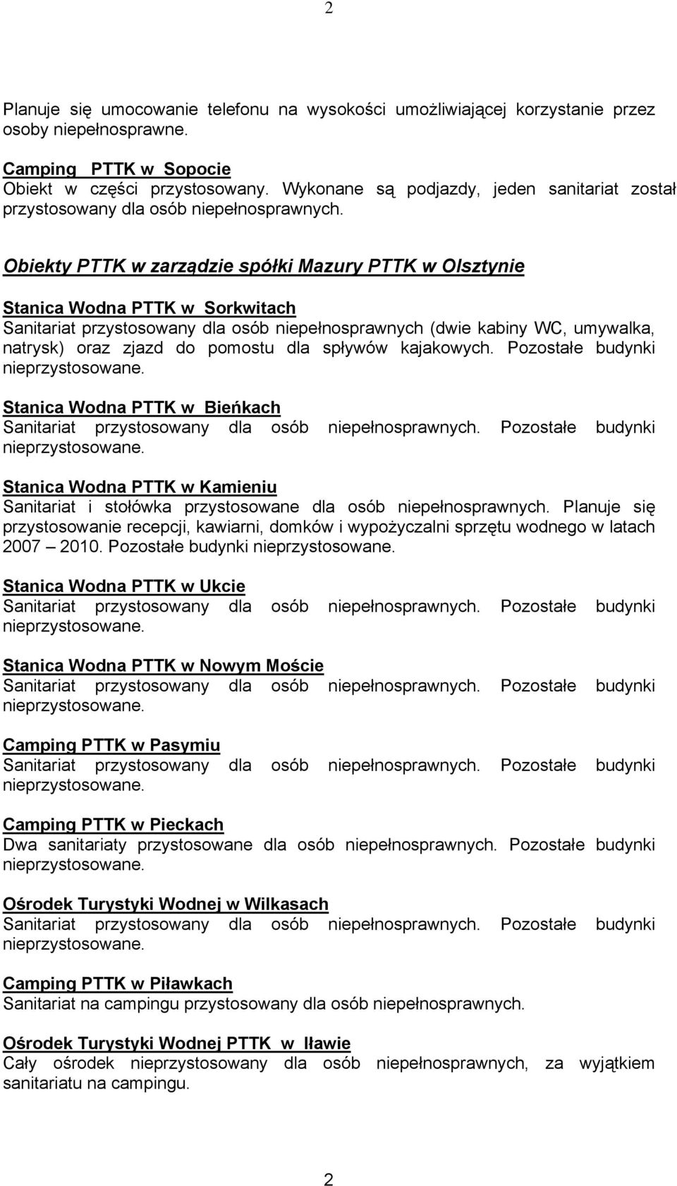 Obiekty PTTK w zarządzie spółki Mazury PTTK w Olsztynie Stanica Wodna PTTK w Sorkwitach Sanitariat przystosowany dla osób niepełnosprawnych (dwie kabiny WC, umywalka, natrysk) oraz zjazd do pomostu