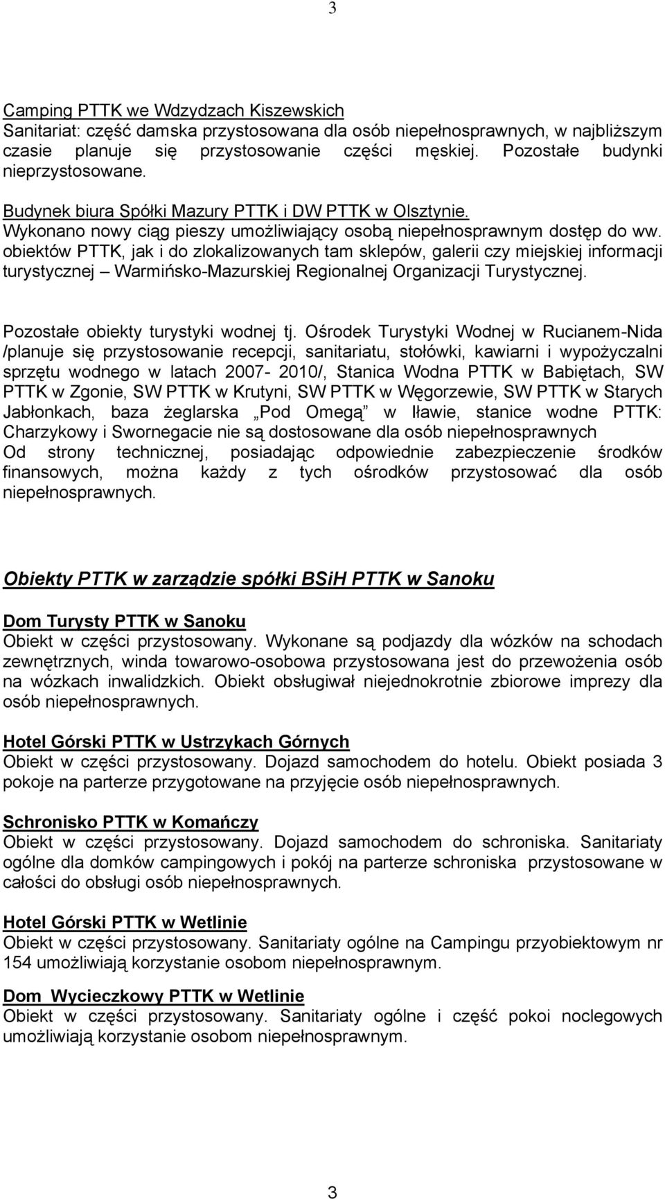 obiektów PTTK, jak i do zlokalizowanych tam sklepów, galerii czy miejskiej informacji turystycznej Warmińsko-Mazurskiej Regionalnej Organizacji Turystycznej. Pozostałe obiekty turystyki wodnej tj.