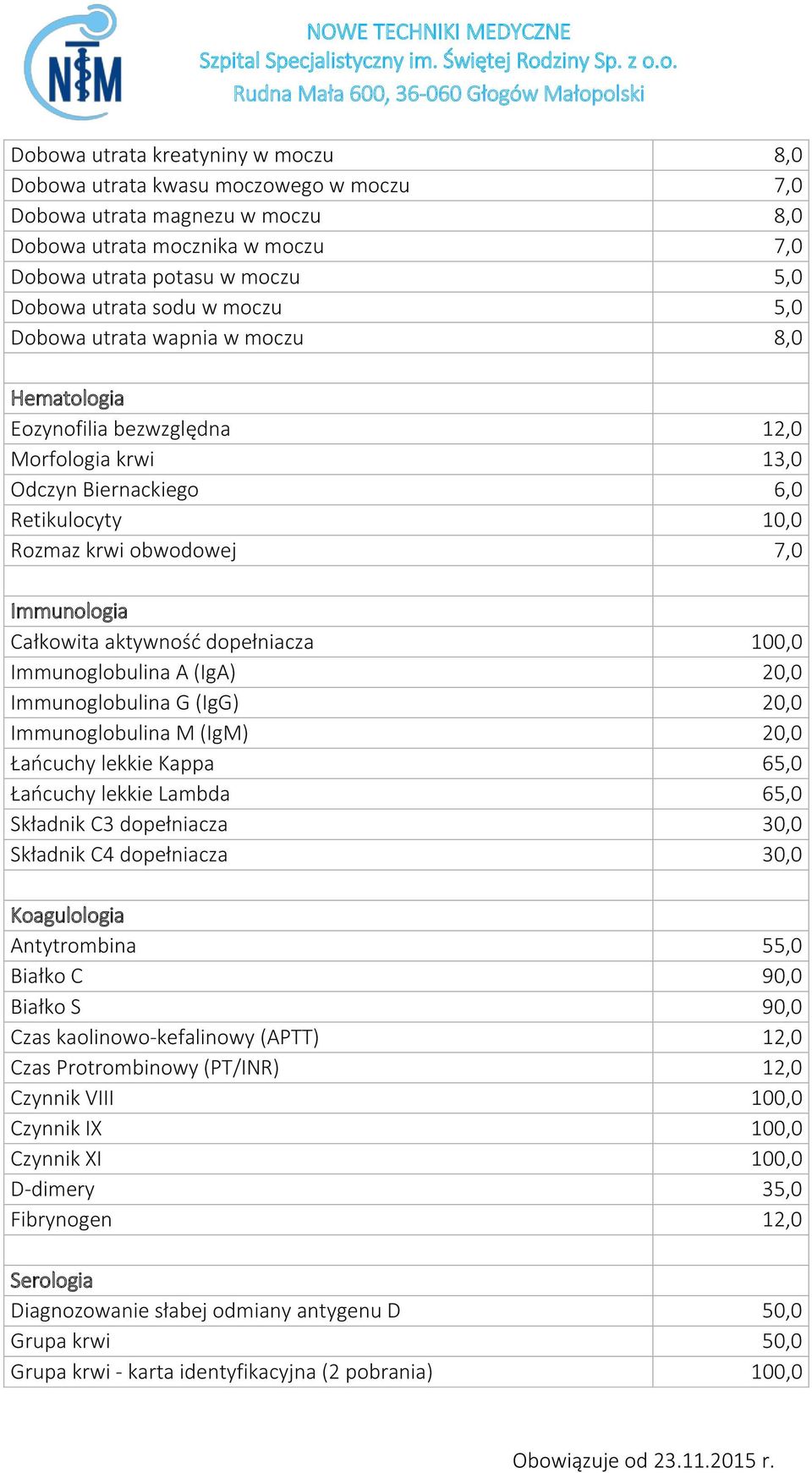 aktywność dopełniacza 100,0 Immunoglobulina A (IgA) 20,0 Immunoglobulina G (IgG) 20,0 Immunoglobulina M (IgM) 20,0 Łańcuchy lekkie Kappa 65,0 Łańcuchy lekkie Lambda 65,0 Składnik C3 dopełniacza 30,0