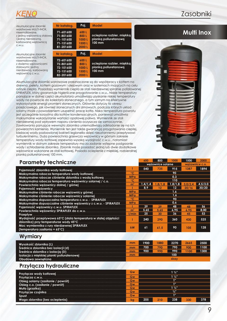 miękką pianką poliuretanową 100 mm Multi Inox Akumulacyjne zbiorniki warstwowe MULTI-INOX, nieemaliowane, z dwiema wężownicami stalowymi i jedną nierdzewną, karbowaną wężownicą c.w.u. Nr katalog.