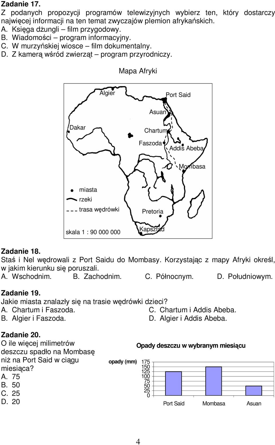 Mapa Afryki Algier Port Said Asuan Dakar Chartum Faszoda Addis Abeba Mombasa miasta rzeki trasa wdrówki skala 1 : 90 000 000 Pretoria Kapsztad Zadanie 18. Sta i Nel wdrowali z Port Saidu do Mombasy.