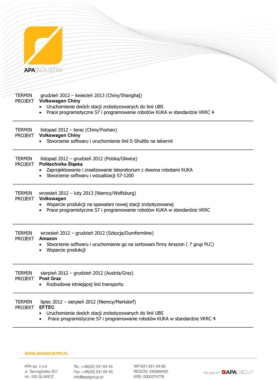 zrealizowanie laboratorium z dwoma robotami KUKA Stworzenie softwaru i wizualizacji S7-1200 wrzesień 2012 luty 2013 (Niemcy/Wolfsburg) Volkswagen Wsparcie produkcji na spawalani nowej stacji