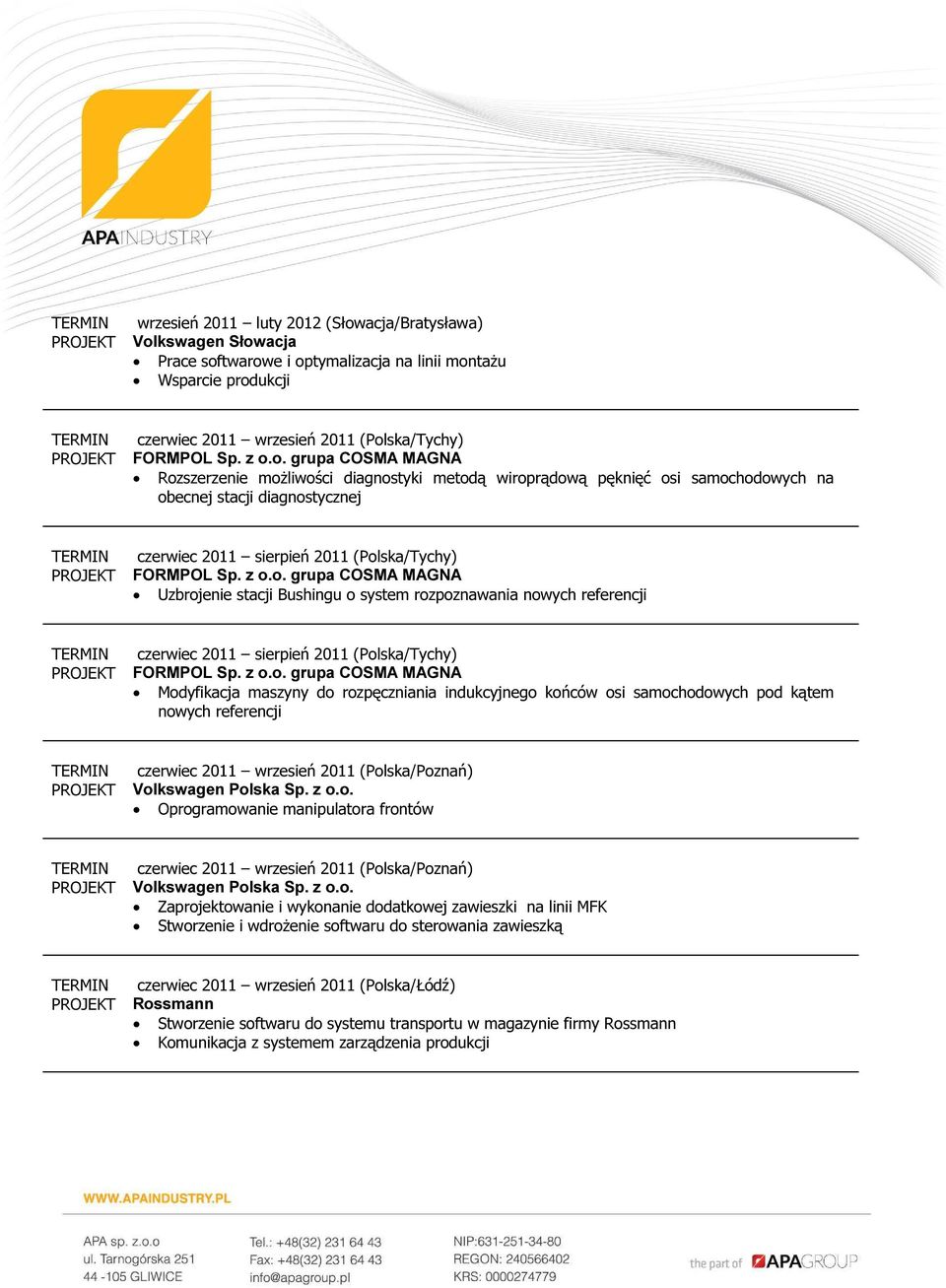 kswagen Słowacja Prace softwarowe i optymalizacja na linii montażu Wsparcie produkcji czerwiec 2011 wrzesień 2011 (Polska/Tychy) FORMPOL Sp. z o.o. grupa COSMA MAGNA Rozszerzenie możliwości diagnostyki metodą wiroprądową pęknięć osi samochodowych na obecnej stacji diagnostycznej czerwiec 2011 sierpień 2011 (Polska/Tychy) FORMPOL Sp.