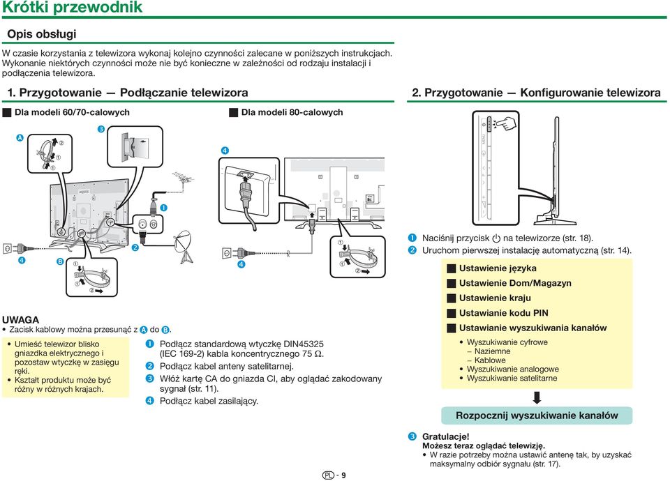 Przygotowanie Konfigurowanie telewizora w Dla modeli 60/70-calowych w Dla modeli 80-calowych Zacisk kablowy można przesunąć z do.