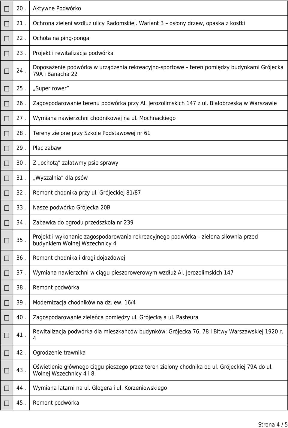 Białobrzeską w Warszawie 27. Wymiana nawierzchni chodnikowej na ul. Mochnackiego 28. Tereny zielone przy Szkole Podstawowej nr 61 29. Plac zabaw 30. Z ochotą załatwmy psie sprawy 31.