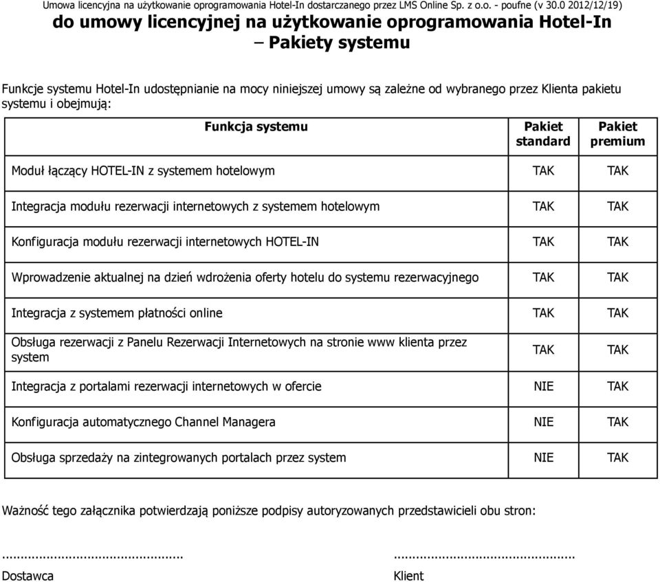 modułu rezerwacji internetowych HOTEL-IN TAK TAK Wprowadzenie aktualnej na dzień wdrożenia oferty hotelu do systemu rezerwacyjnego TAK TAK Integracja z systemem płatności online TAK TAK Obsługa