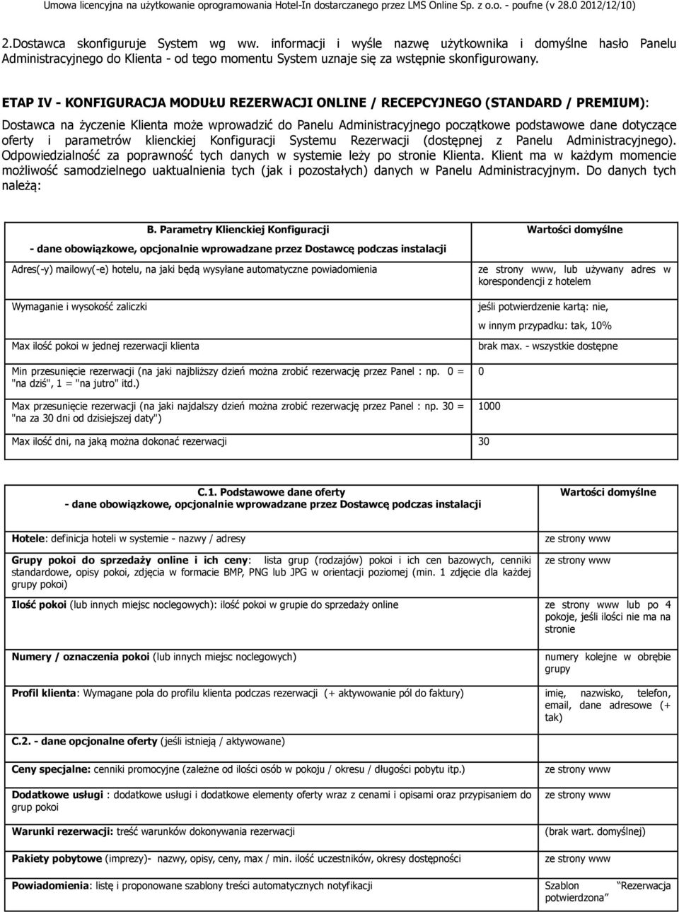 ETAP IV - KONFIGURACJA MODUŁU REZERWACJI ONLINE / RECEPCYJNEGO (STANDARD / PREMIUM): Dostawca na życzenie Klienta może wprowadzić do Panelu Administracyjnego początkowe podstawowe dane dotyczące