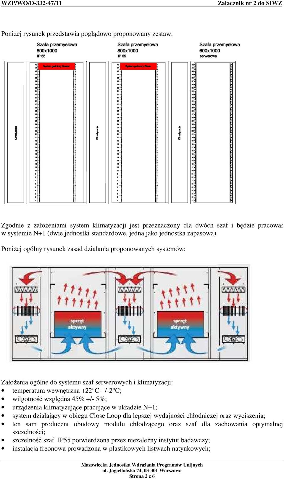 PoniŜej ogólny rysunek zasad działania proponowanych systemów: ZałoŜenia ogólne do systemu szaf serwerowych i klimatyzacji: temperatura wewnętrzna +22 C +/-2 C; wilgotność względna 45% +/- 5%;