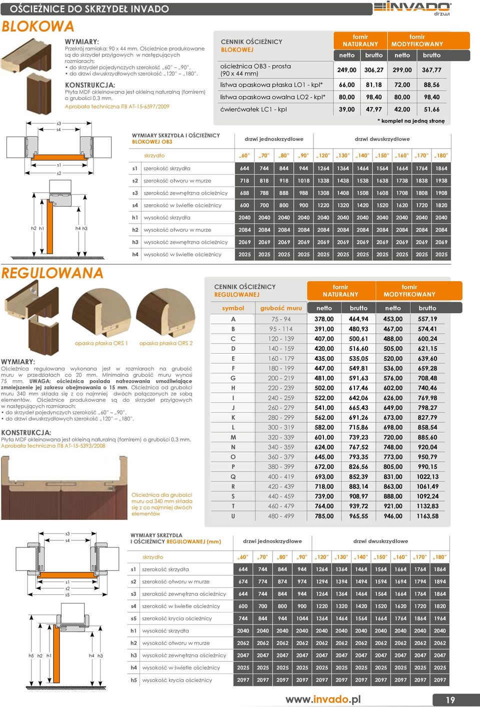 KONSTRUKCJA: Płyta MDF okleinowana jest okleiną naturalną (fornirem) o grubości 0,3 mm, Aprobata techniczna ITB AT-15-6597/2009 CENNIK OŚCIEŻNICY BLOKOWEJ ościeżnica OB3 - prosta (90 х 44 mm) fornir