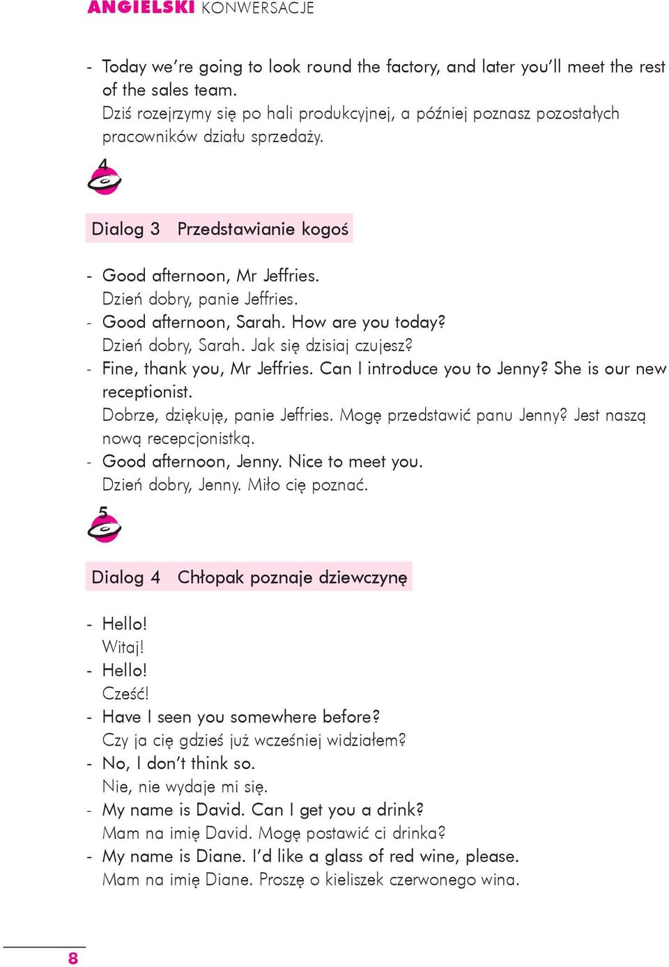 - Good afternoon, Sarah. How are you today? Dzień dobry, Sarah. Jak się dzisiaj czujesz? - Fine, thank you, Mr Jeffries. Can I introduce you to Jenny? She is our new receptionist.
