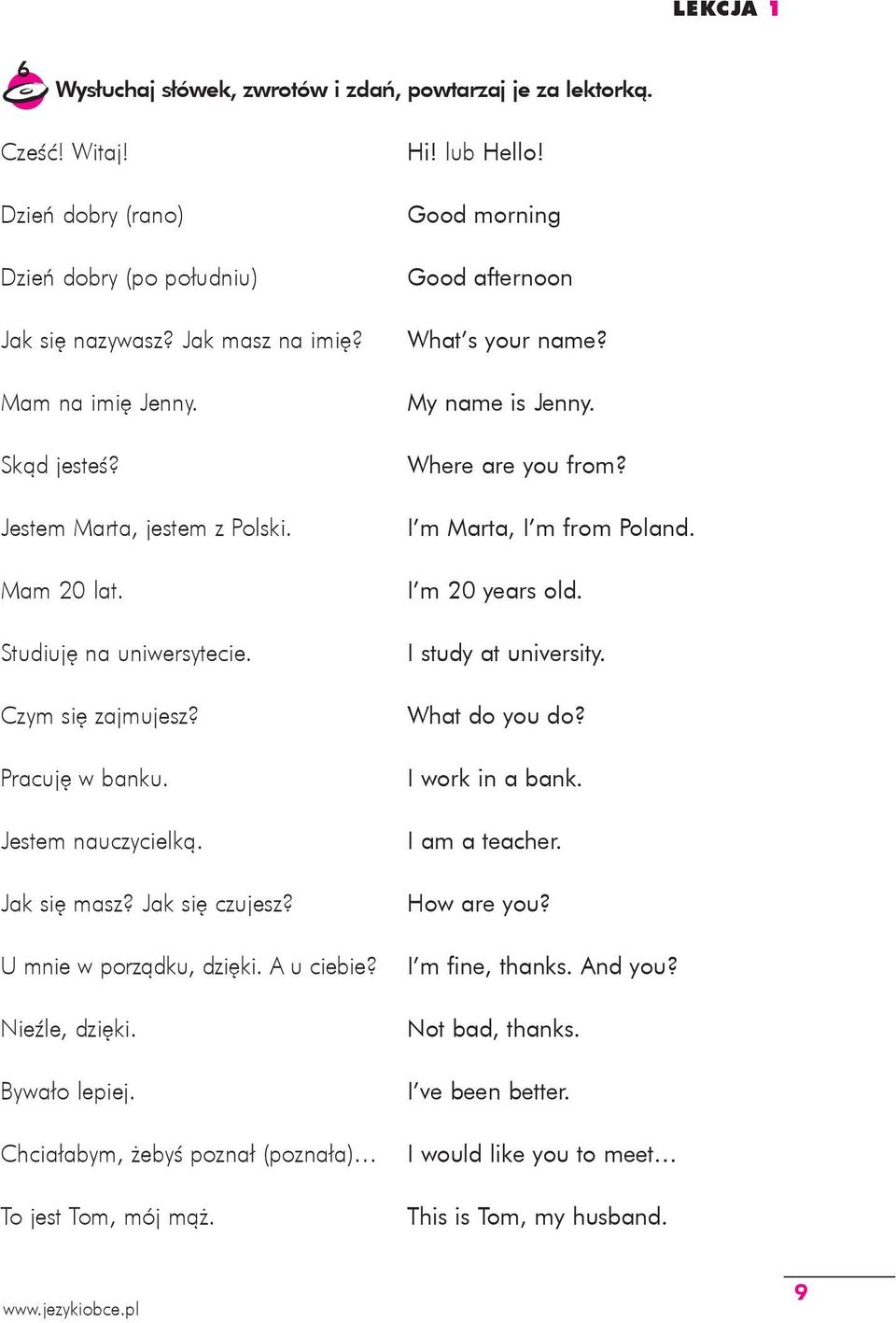 Nieźle, dzięki. Bywało lepiej. Chciałabym, żebyś poznał (poznała) To jest Tom, mój mąż. Hi! lub Hello! Good morning Good afternoon What s your name? My name is Jenny. Where are you from?
