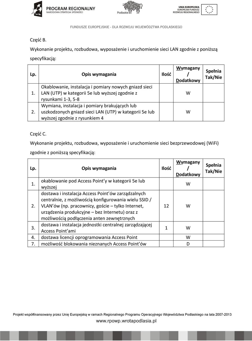 (UTP) w kategorii 5e lub wyższej zgodnie z rysunkiem 4 ymagany / Dodatkowy Spełnia Tak/Nie Część C.