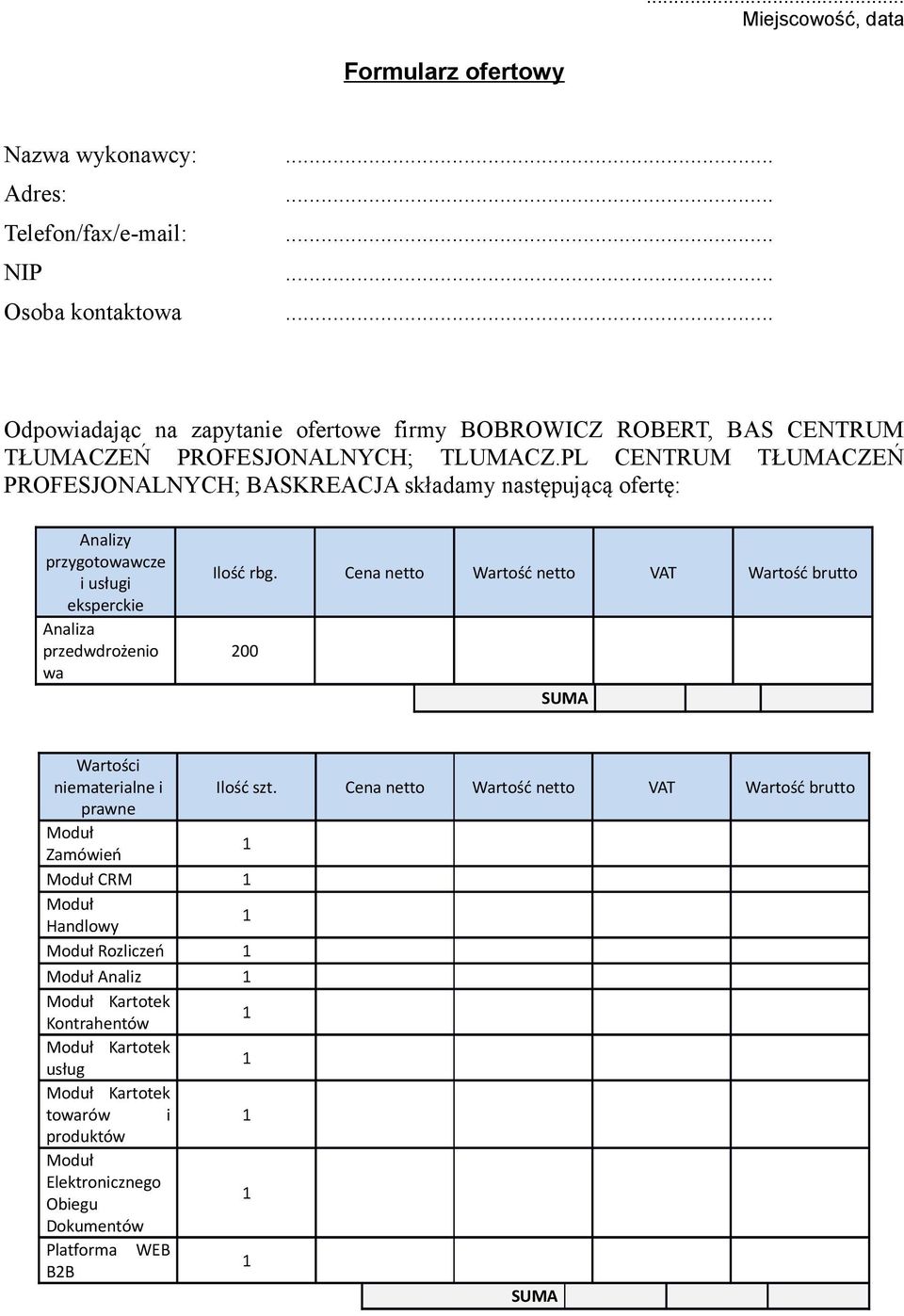 PL CENTRUM TŁUMACZEŃ PROFESJONALNYCH; BASKREACJA składamy następującą ofertę: Analizy przygotowawcze i usługi eksperckie Analiza przedwdrożenio wa Ilość rbg.