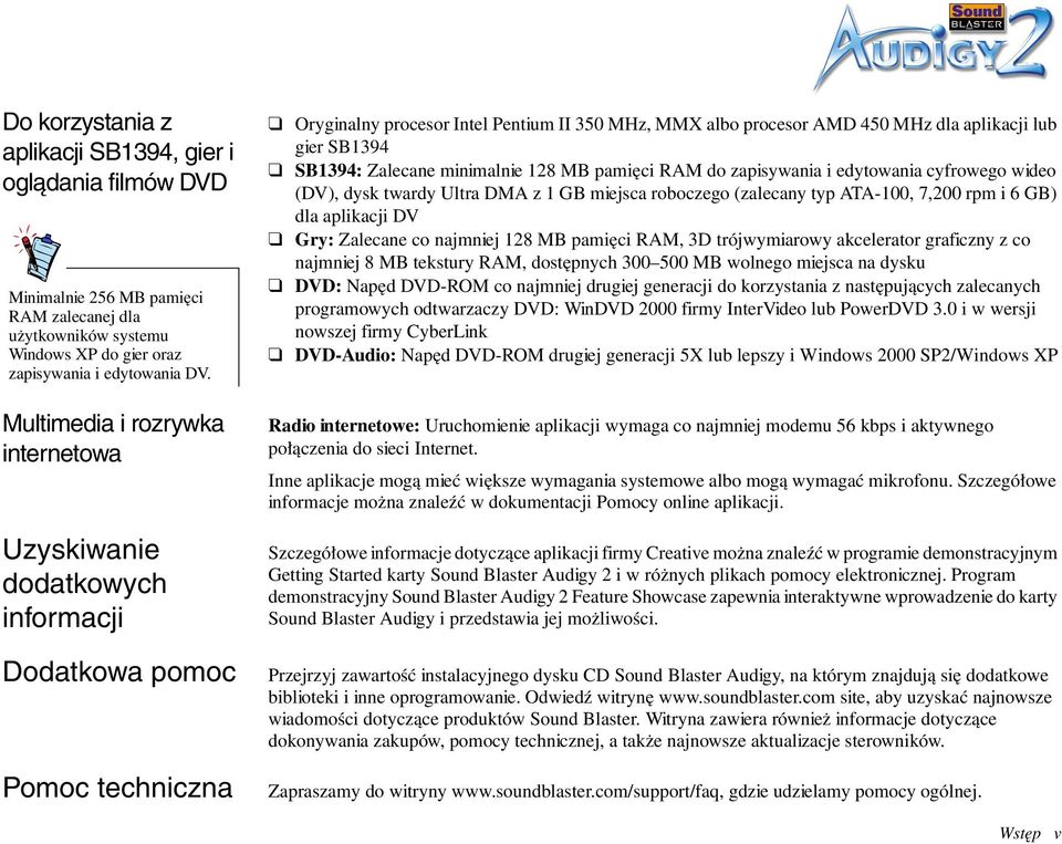 gier SB1394 SB1394: Zalecane minimalnie 128 MB pamięci RAM do zapisywania i edytowania cyfrowego wideo (DV), dysk twardy Ultra DMA z 1 GB miejsca roboczego (zalecany typ ATA-100, 7,200 rpm i 6 GB)