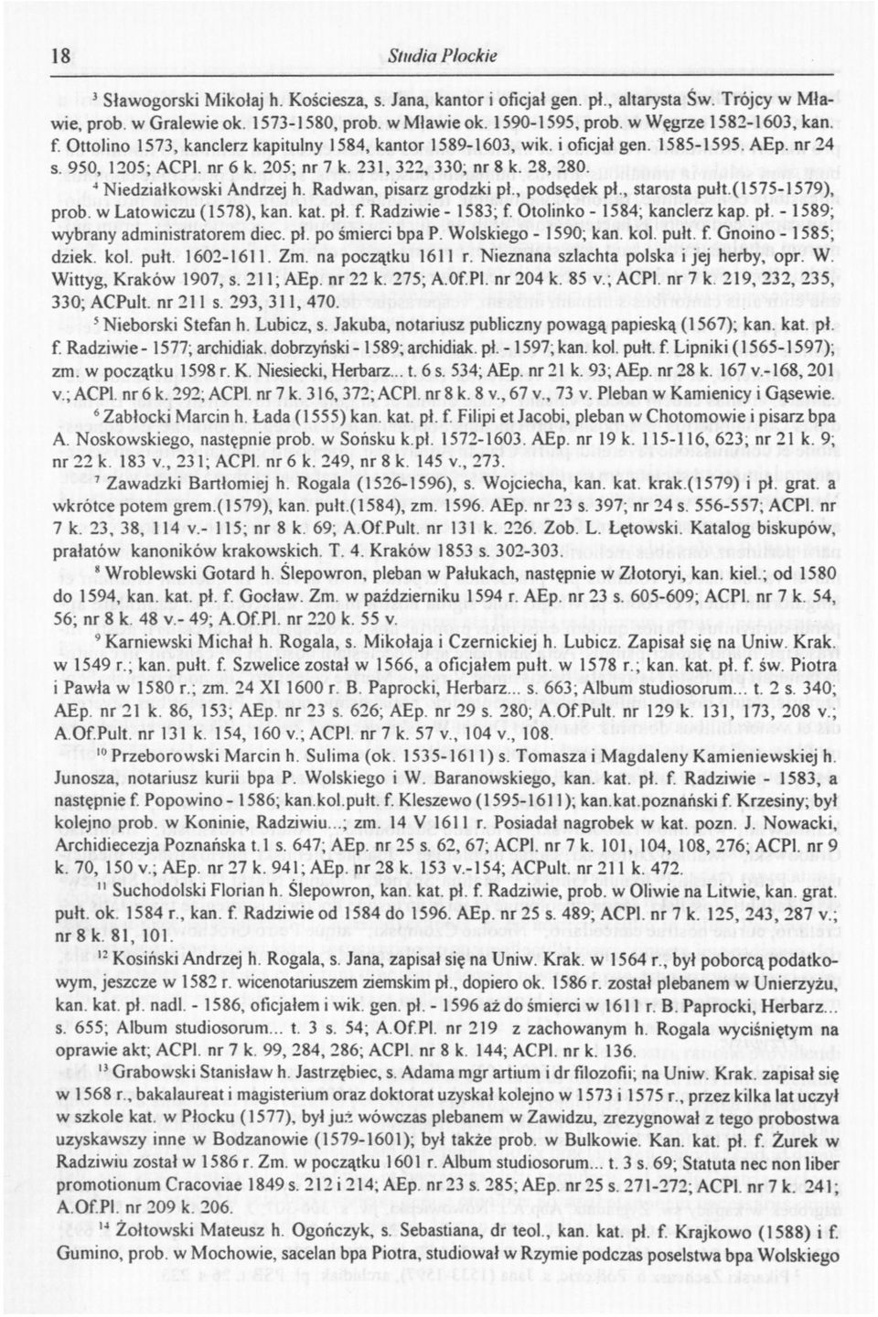 4 Niedziałkowski Andrzej h. Radwan, pisarz grodzki pł., podsędek pł., starosta pułt.(l 575-1579), prob. w Latowiczu (1578), kan. kat. pł. f. Radziwie- 1583; f. Otolinko - 1584; kanclerz kap. pł. - 1589; wybrany administratorem diec.