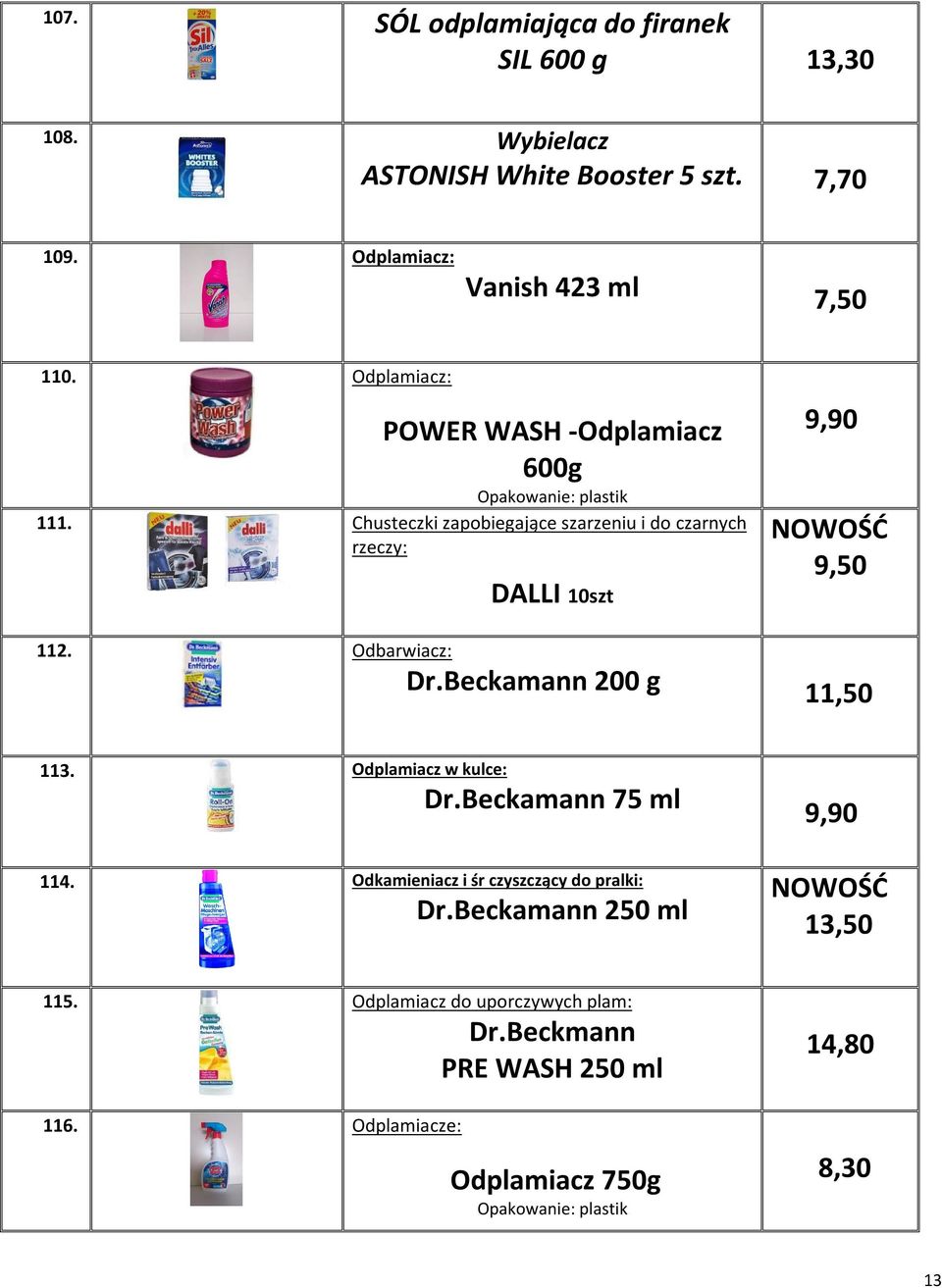 Odbarwiacz: Dr.Beckamann 200 g 9,90 NOWOŚĆ 9,50 11,50 113. Odplamiacz w kulce: Dr.Beckamann 75 ml 114. Odkamieniacz i śr czyszczący do pralki: Dr.