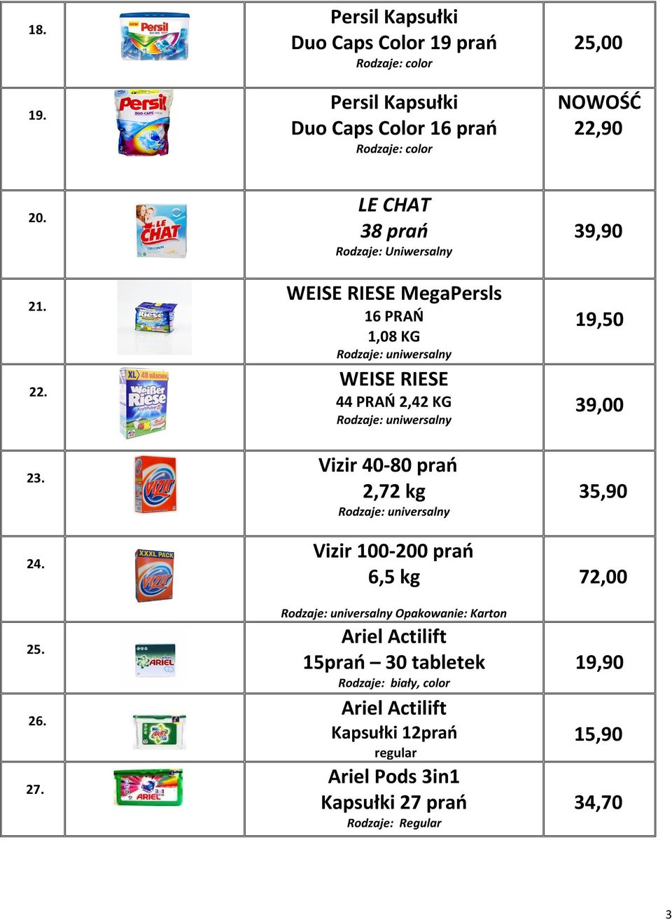 LE CHAT 38 prań Rodzaje: Uniwersalny WEISE RIESE MegaPersls 16 PRAŃ 1,08 KG Rodzaje: uniwersalny WEISE RIESE 44 PRAŃ 2,42 KG Rodzaje: uniwersalny Vizir