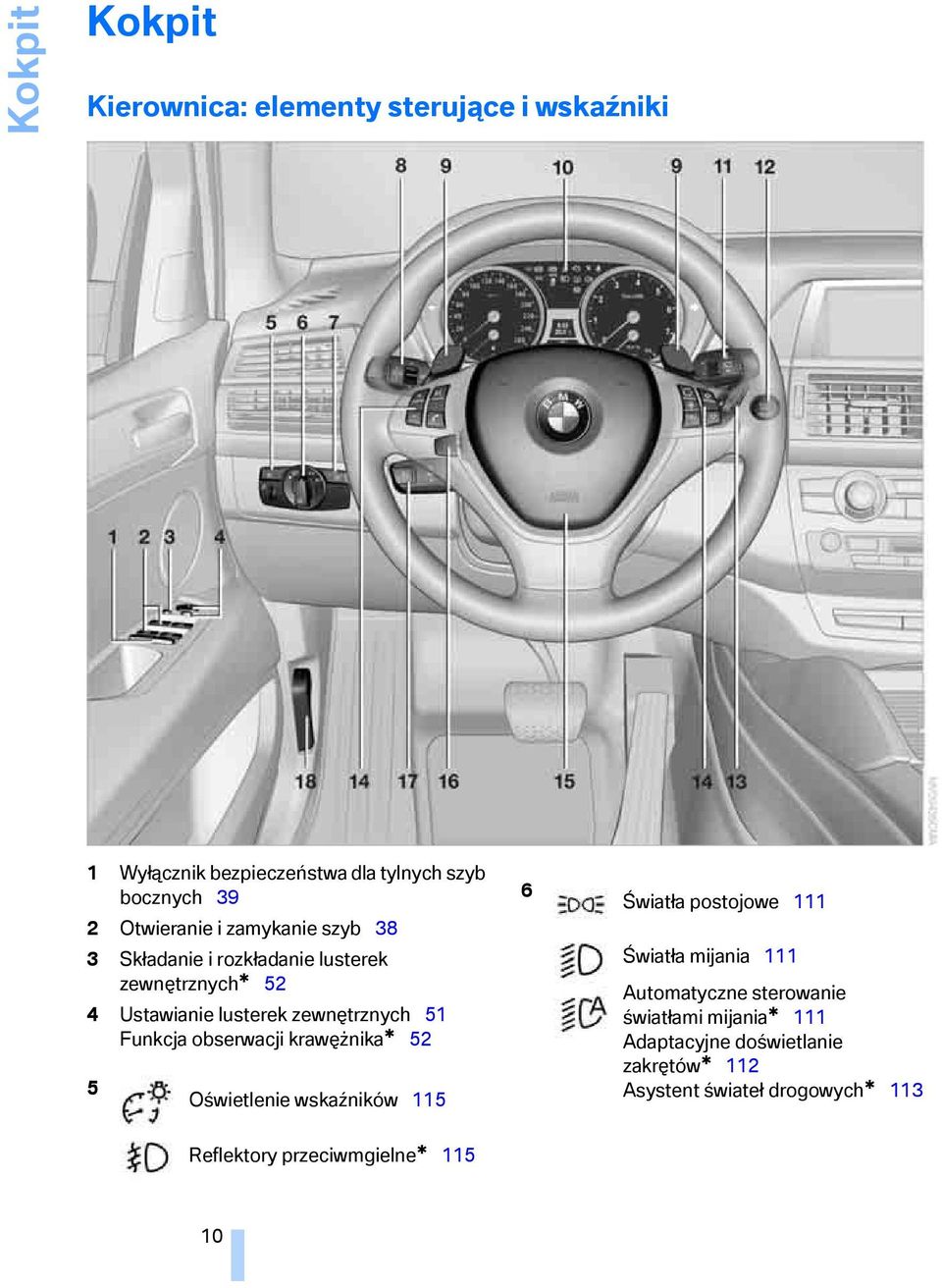 Funkcja obserwacji krawężnika* 52 5 Oświetlenie wskaźników 115 6 Światła postojowe 111 Światła mijania 111 Automatyczne