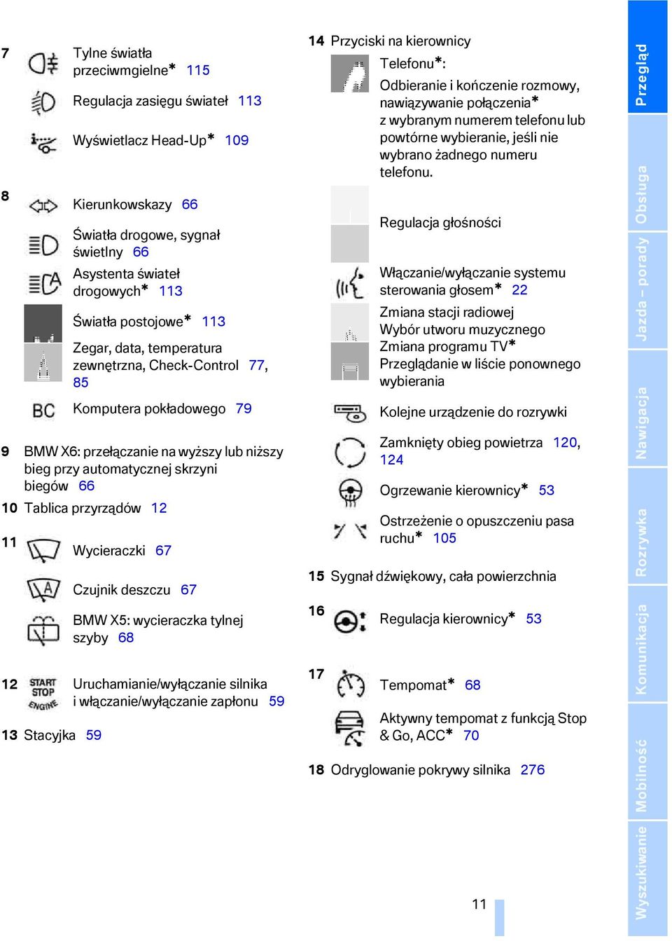 Komputera pokładowego 79 Wycieraczki 67 Czujnik deszczu 67 BMW X5: wycieraczka tylnej szyby 68 12 Uruchamianie/wyłączanie silnika iwłączanie/wyłączanie zapłonu 59 14 Przyciski na kierownicy