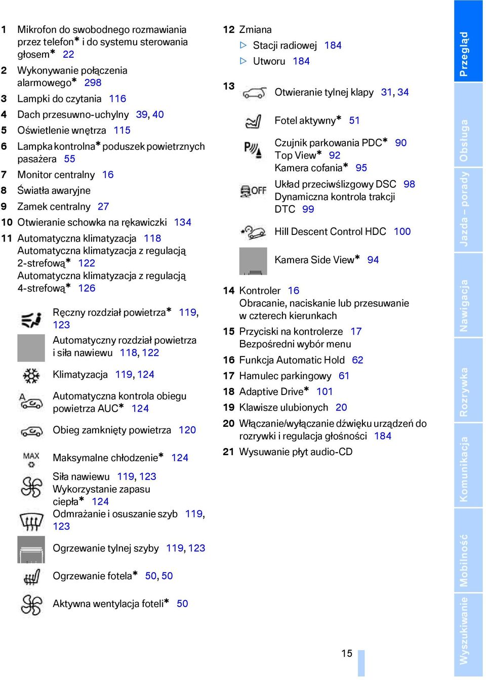 118 Automatyczna klimatyzacja z regulacją 2-strefową* 122 Automatyczna klimatyzacja z regulacją 4-strefową* 126 Ręczny rozdział powietrza* 119, 123 Automatyczny rozdział powietrza isiła nawiewu 118,