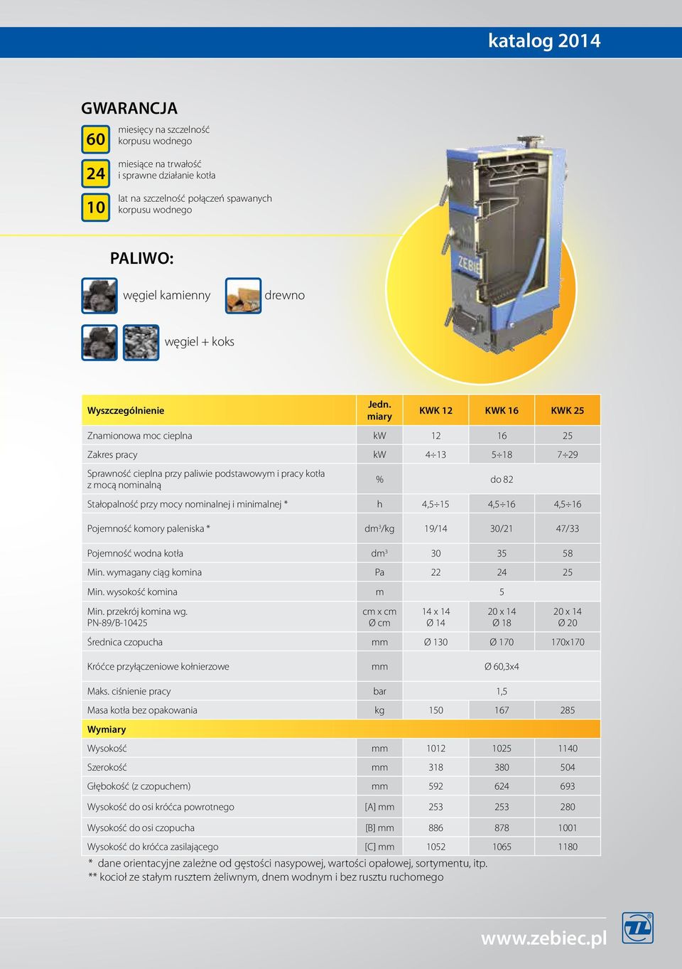 miary KWK 12 KWK 16 KWK 25 Znamionowa moc cieplna kw 12 16 25 Zakres pracy kw 4 13 5 18 7 29 Sprawność cieplna przy paliwie podstawowym i pracy kotła z mocą nominalną % do 82 Stałopalność przy mocy