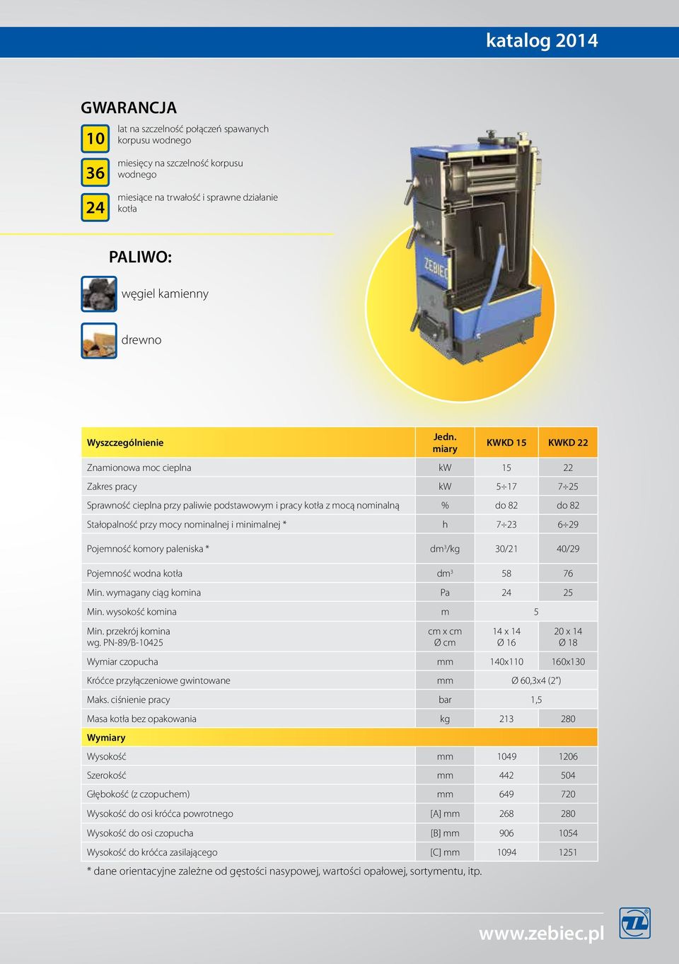 miary KWKD 15 KWKD 22 Znamionowa moc cieplna kw 15 22 Zakres pracy kw 5 17 7 25 Sprawność cieplna przy paliwie podstawowym i pracy kotła z mocą nominalną % do 82 do 82 Stałopalność przy mocy