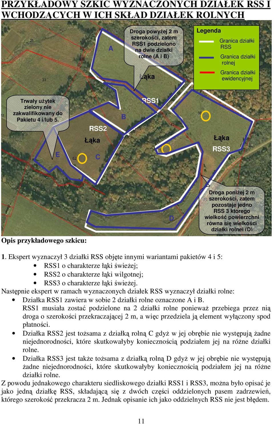 E RSS2 Łąka wilgotna C B RSS1 Łąka świeża RSS3 Opis przykładowego szkicu: D Droga poniżej 2 m szerokości, zatem pozostaje jedno RSS 3 którego wielkość powierzchni równa się wielkości działki rolnej