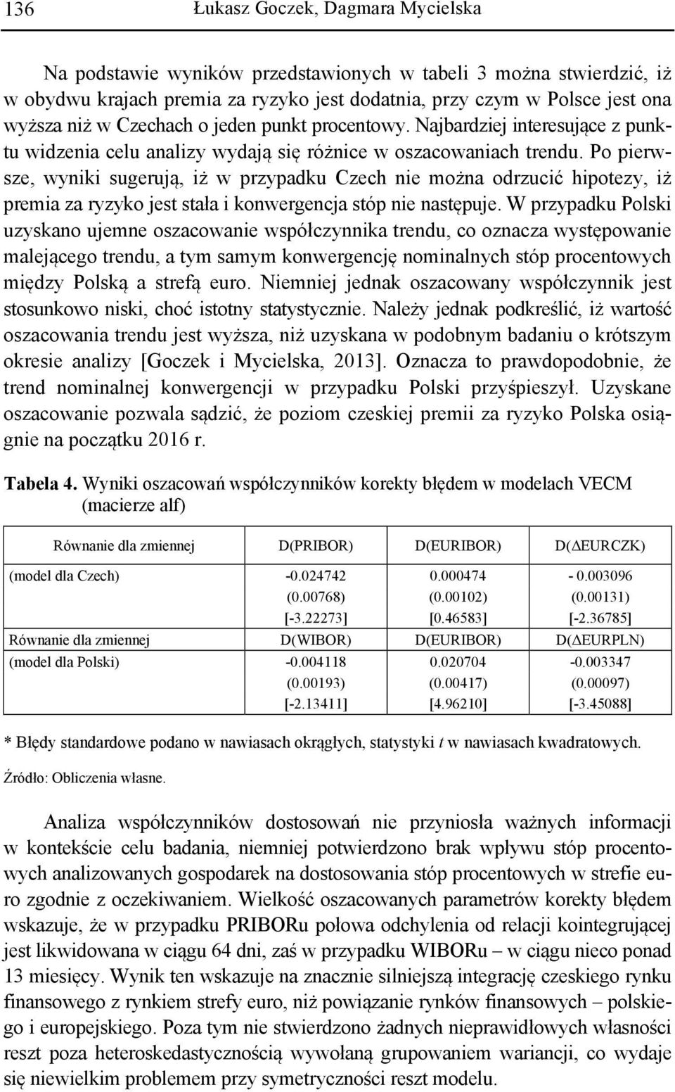 Po pierwsze, wyniki sugerują, iż w przypadku Czech nie można odrzucić hipotezy, iż premia za ryzyko jest stała i konwergencja stóp nie następuje.