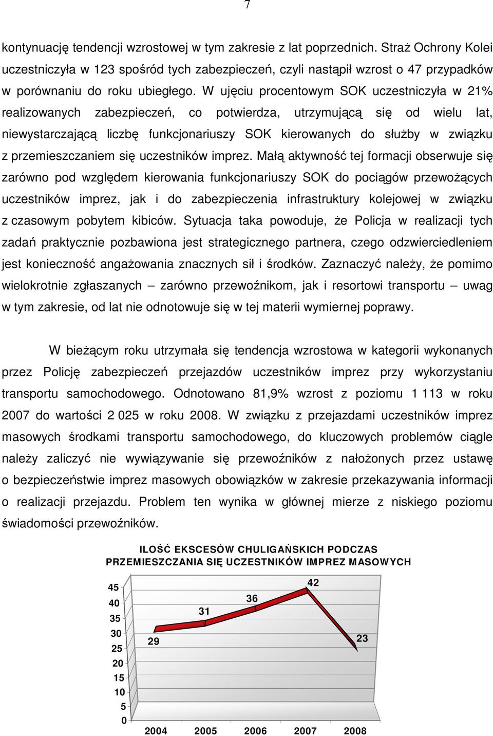 W ujęciu procentowym SOK uczestniczyła w 21% realizowanych zabezpieczeń, co potwierdza, utrzymującą się od wielu lat, niewystarczającą liczbę funkcjonariuszy SOK kierowanych do słuŝby w związku z