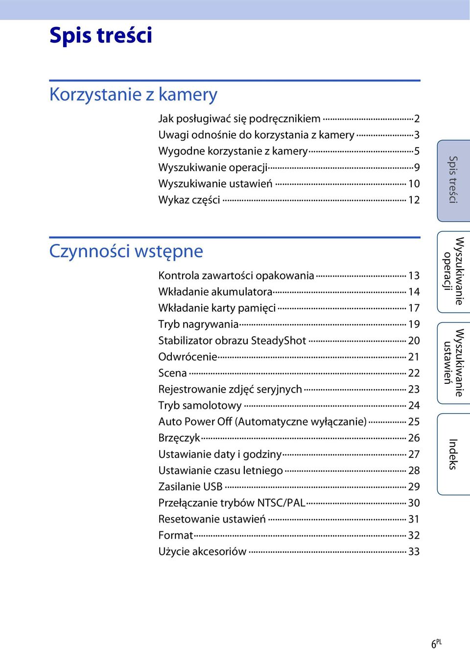 SteadyShot 20 Odwrócenie 21 Scena 22 Rejestrowanie zdjęć seryjnych 23 Tryb samolotowy 24 Auto Power Off (Automatyczne wyłączanie) 25 Brzęczyk 26