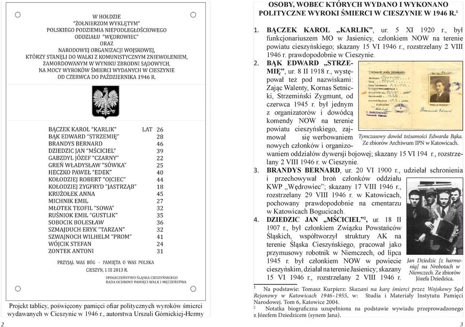 , rozstrzelany 2 VIII 1946 r. prawdopodobnie w Cieszynie. 2. BĄK EDWARD STRZE- MIĘ, ur. 8 II 1918 r.