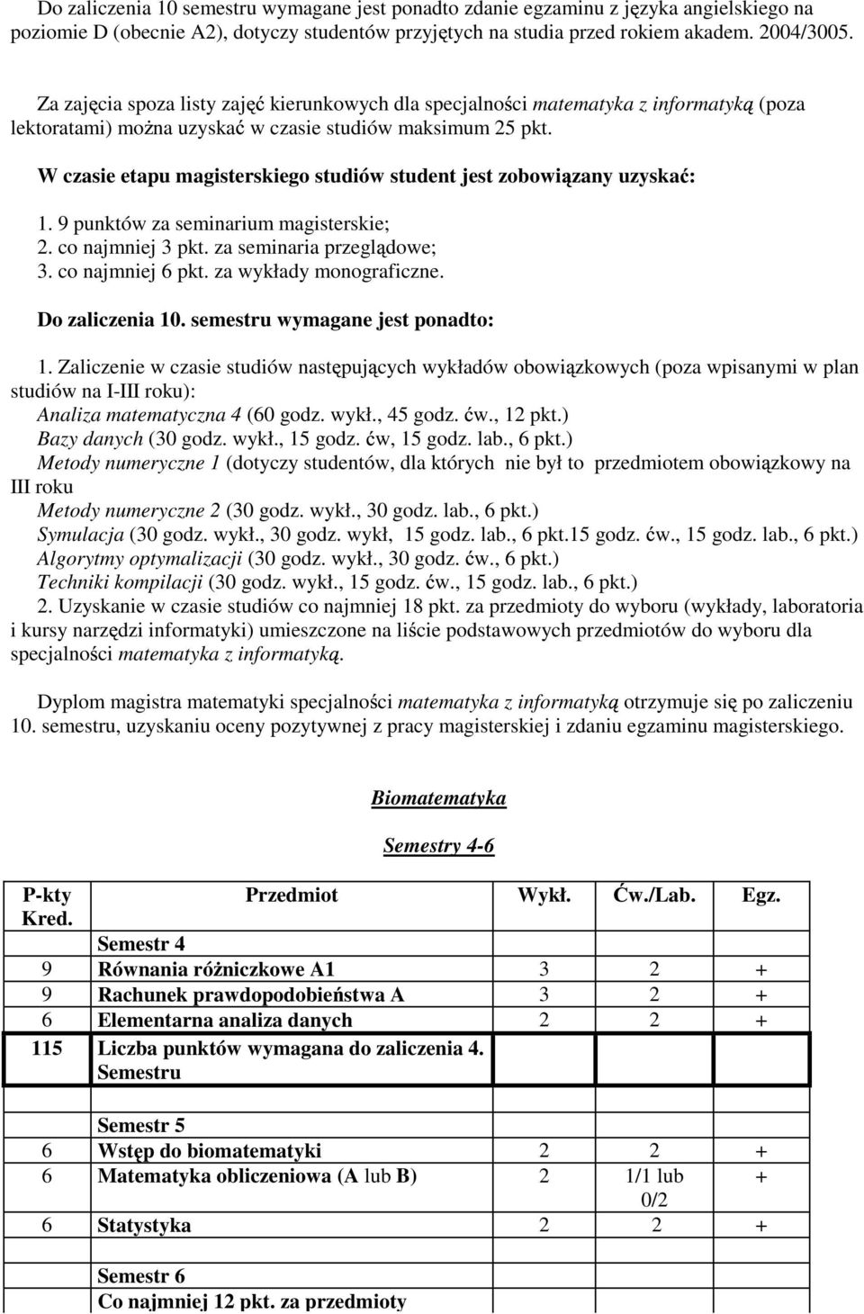 W czasie etapu magisterskiego studiów student jest zobowi zany uzyska : 1. 9 punktów za seminarium magisterskie; 2. co najmniej 3 pkt. za seminaria przegl dowe; 3. co najmniej 6 pkt.