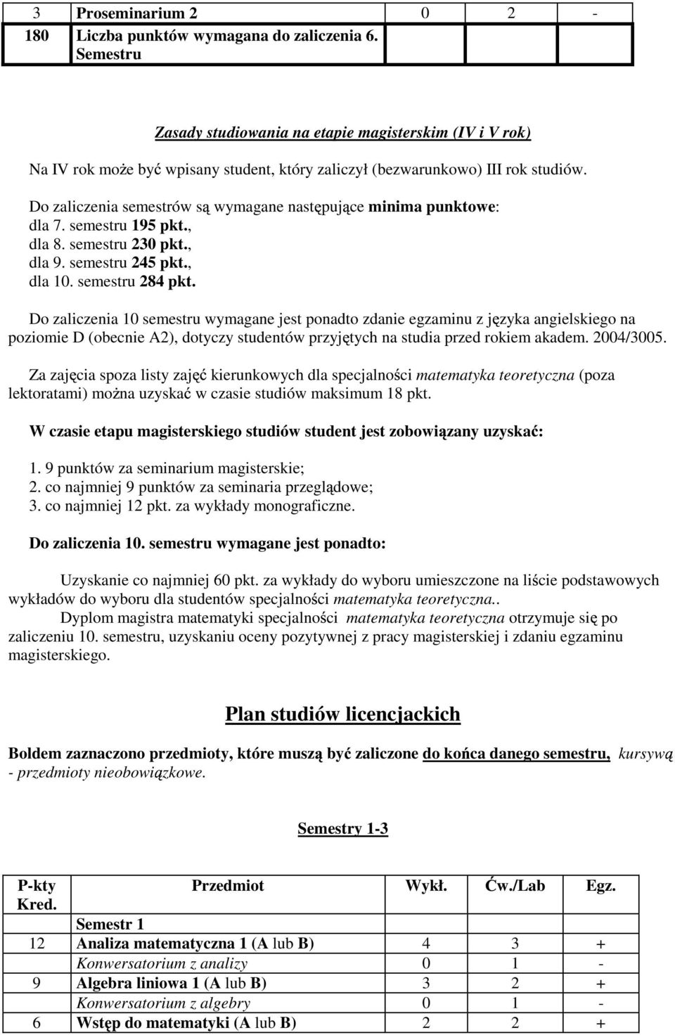 Do zaliczenia semestrów s wymagane nast puj ce minima punktowe: dla 7. semestru 195 pkt., dla 8. semestru 230 pkt., dla 9. semestru 245 pkt., dla 10. semestru 284 pkt.