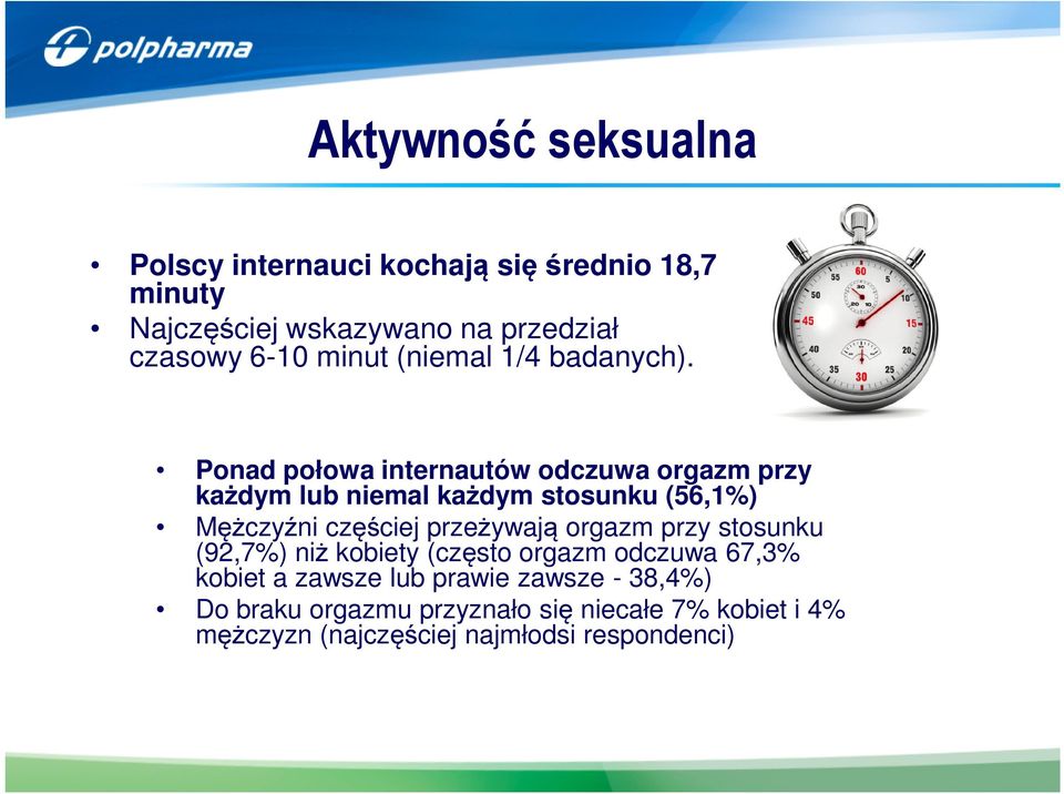 Ponad połowa internautów odczuwa orgazm przy każdym lub niemal każdym stosunku (56,1%) Mężczyźni częściej przeżywają