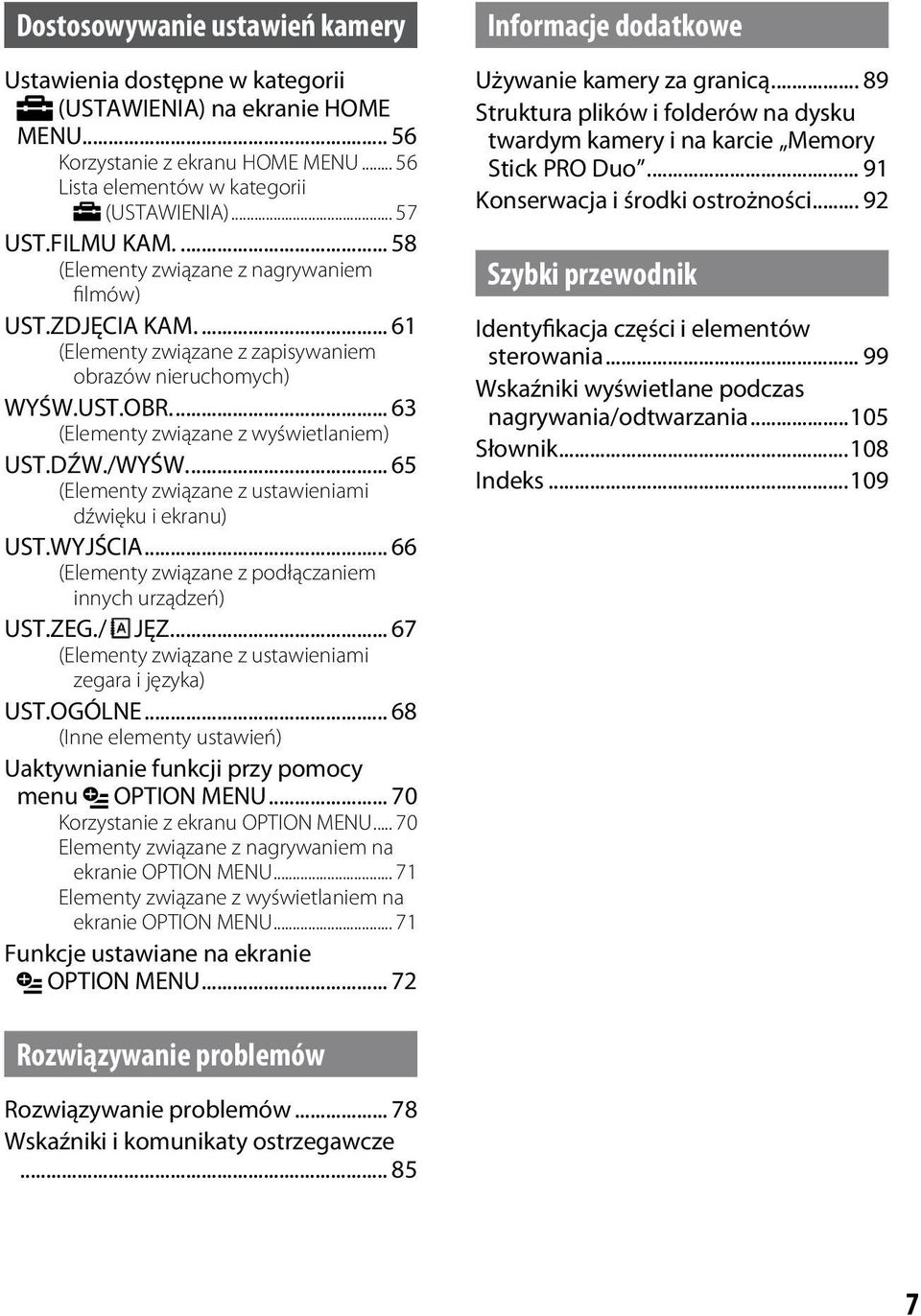 /WYŚW... 65 (Elementy związane z ustawieniami dźwięku i ekranu) UST.WYJŚCIA... 66 (Elementy związane z podłączaniem innych urządzeń) UST.ZEG./ JĘZ.